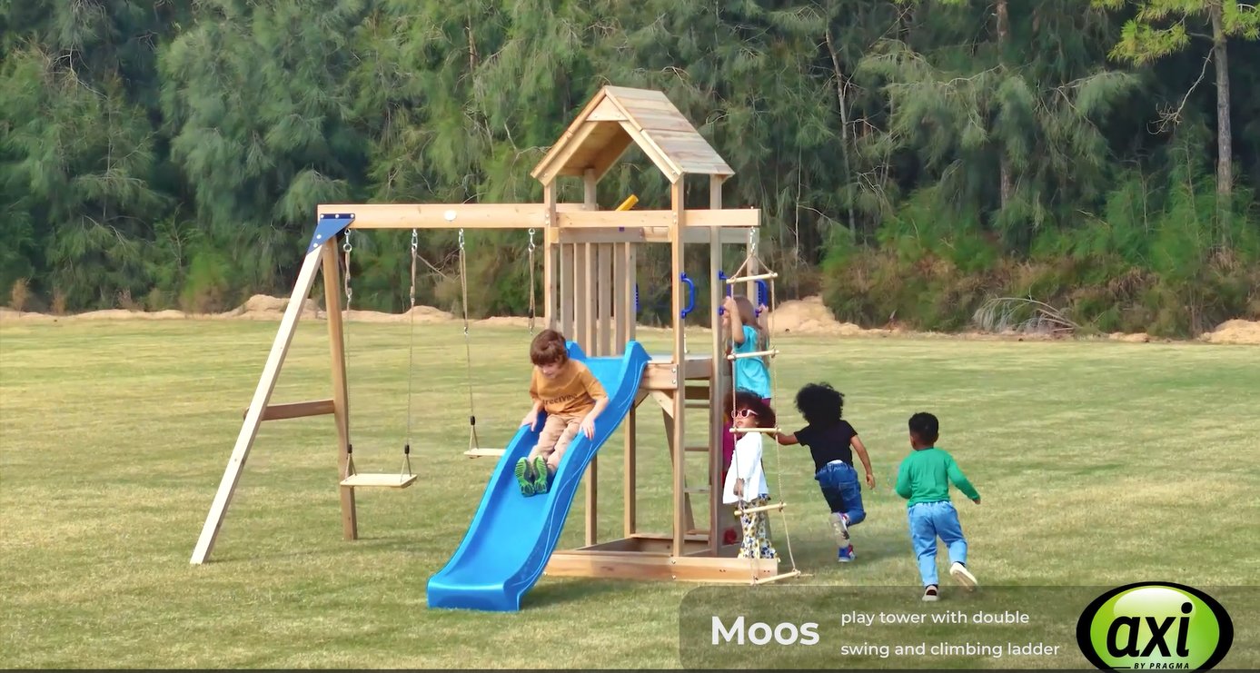 AXI Moos Spielturm mit Doppelschaukel und Strickleiter Braun - Rote Rutsche