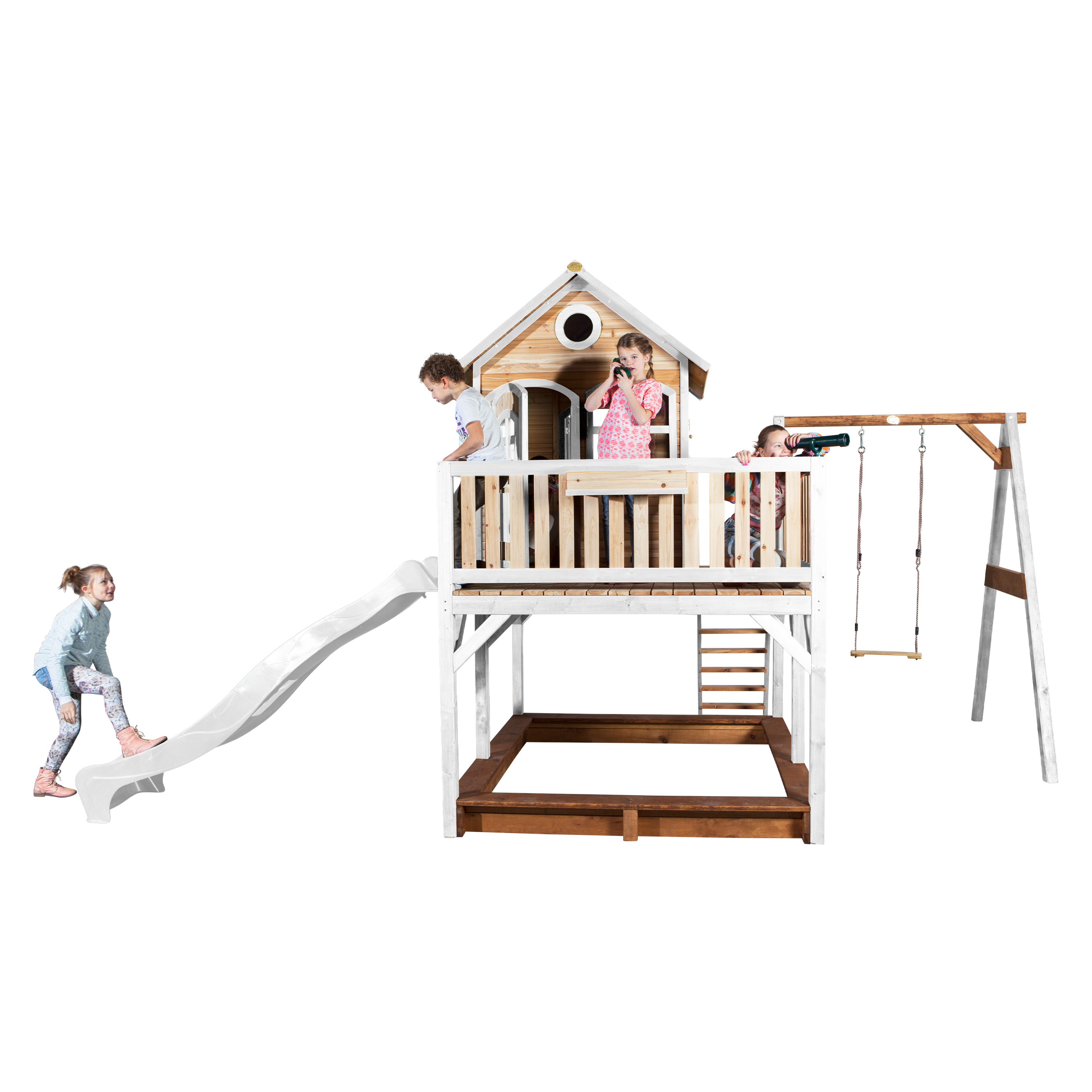 AXI Liam Playhouse with Single Swing Set Brown/White - White Slide