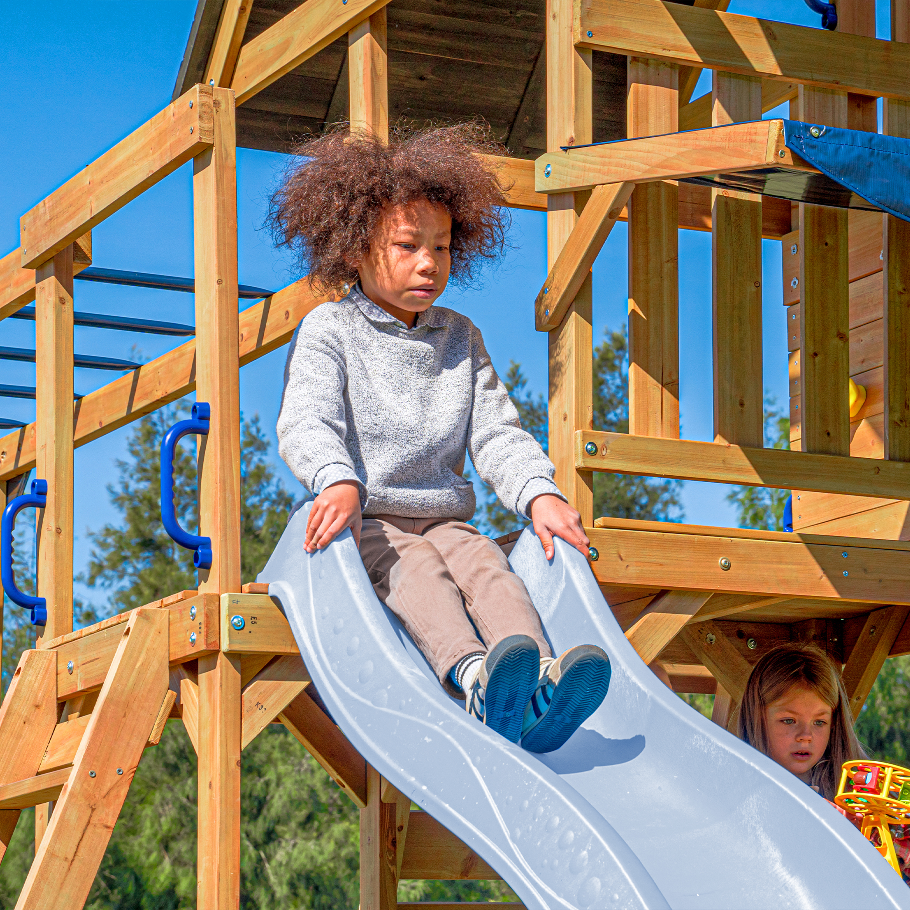 AXI Mitch Climbing Frame with Double Swing. Trapeze and Lookout Tower – Pastel Blue Slide