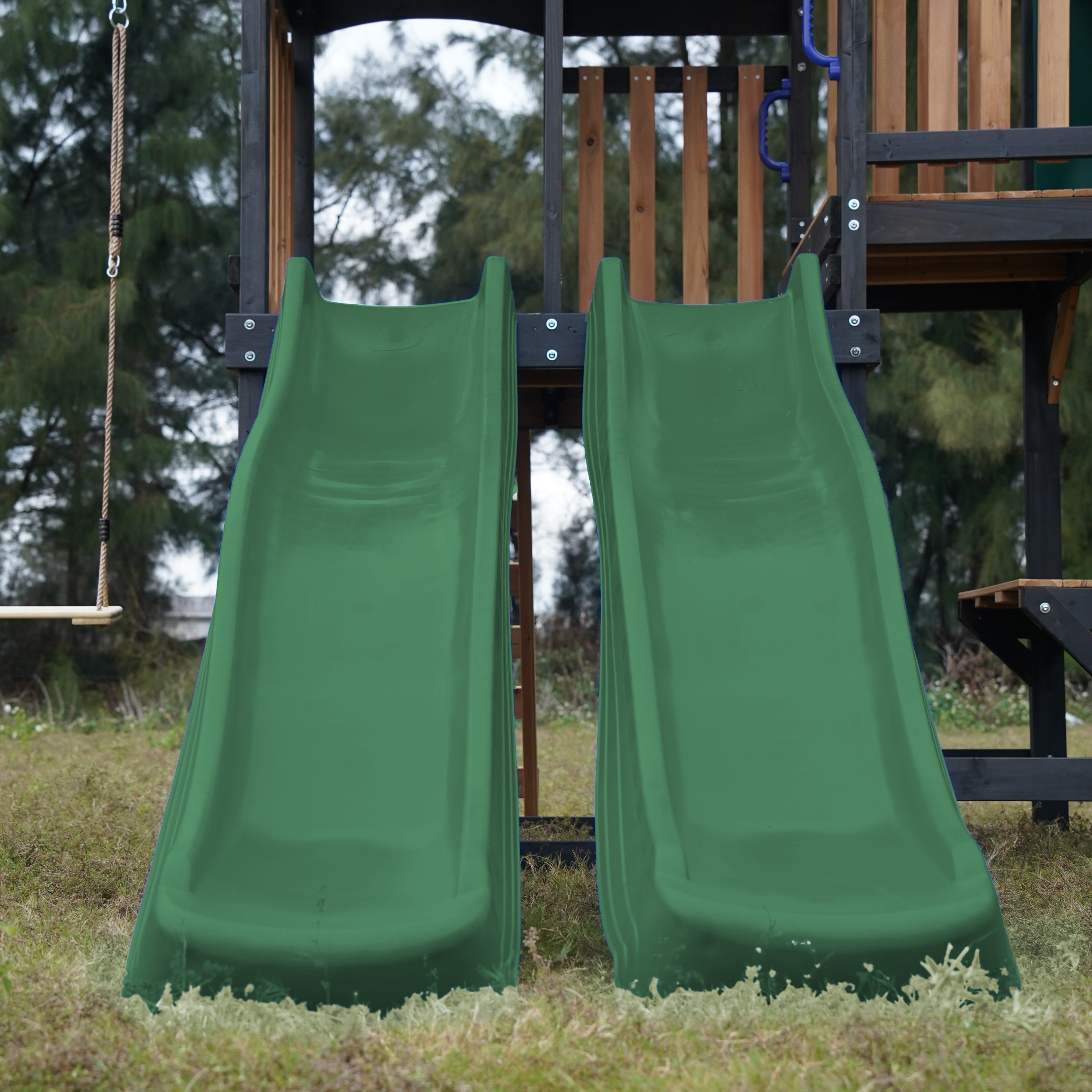 AXI Cody Climbing Frame with Swings, Trapeze and Climbing Wall – Green Double Slide and Tube Slide