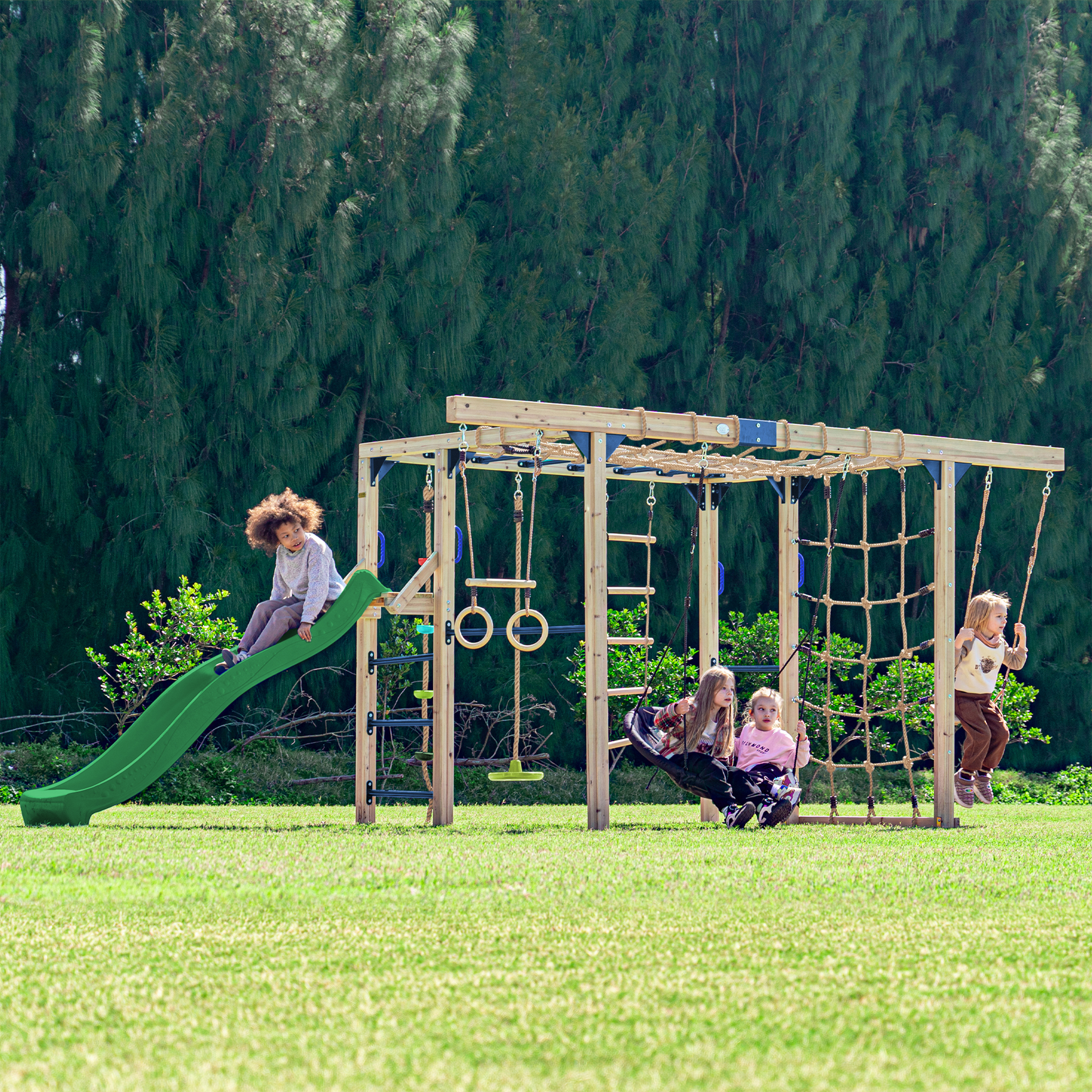 AXI Boris Wooden Playcentre with Swings, Trapeze, Climbing Nets and Monkey Bars – Green Slide