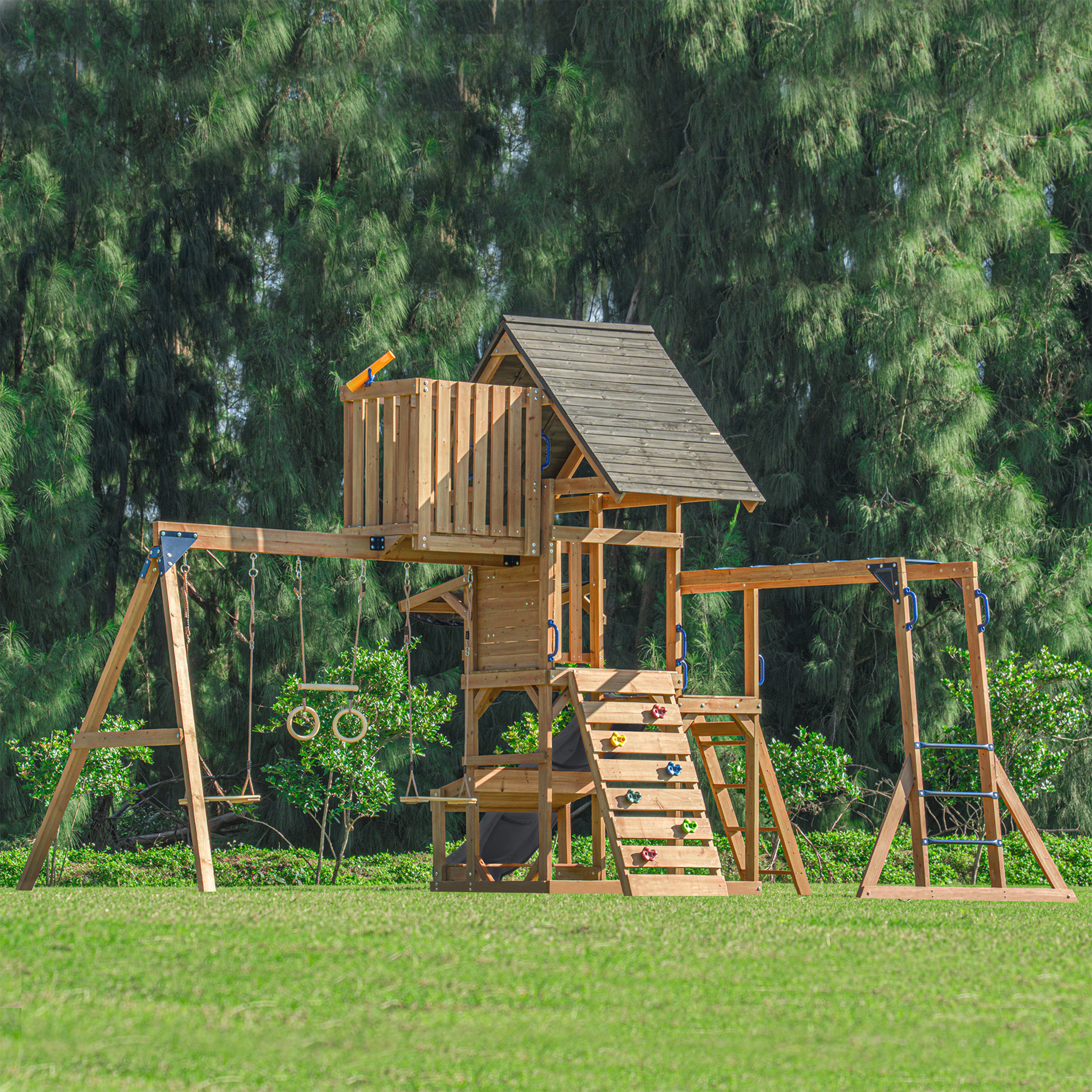 AXI Mitch Climbing Frame with Double Swing. Trapeze and Lookout Tower – Grey Slide