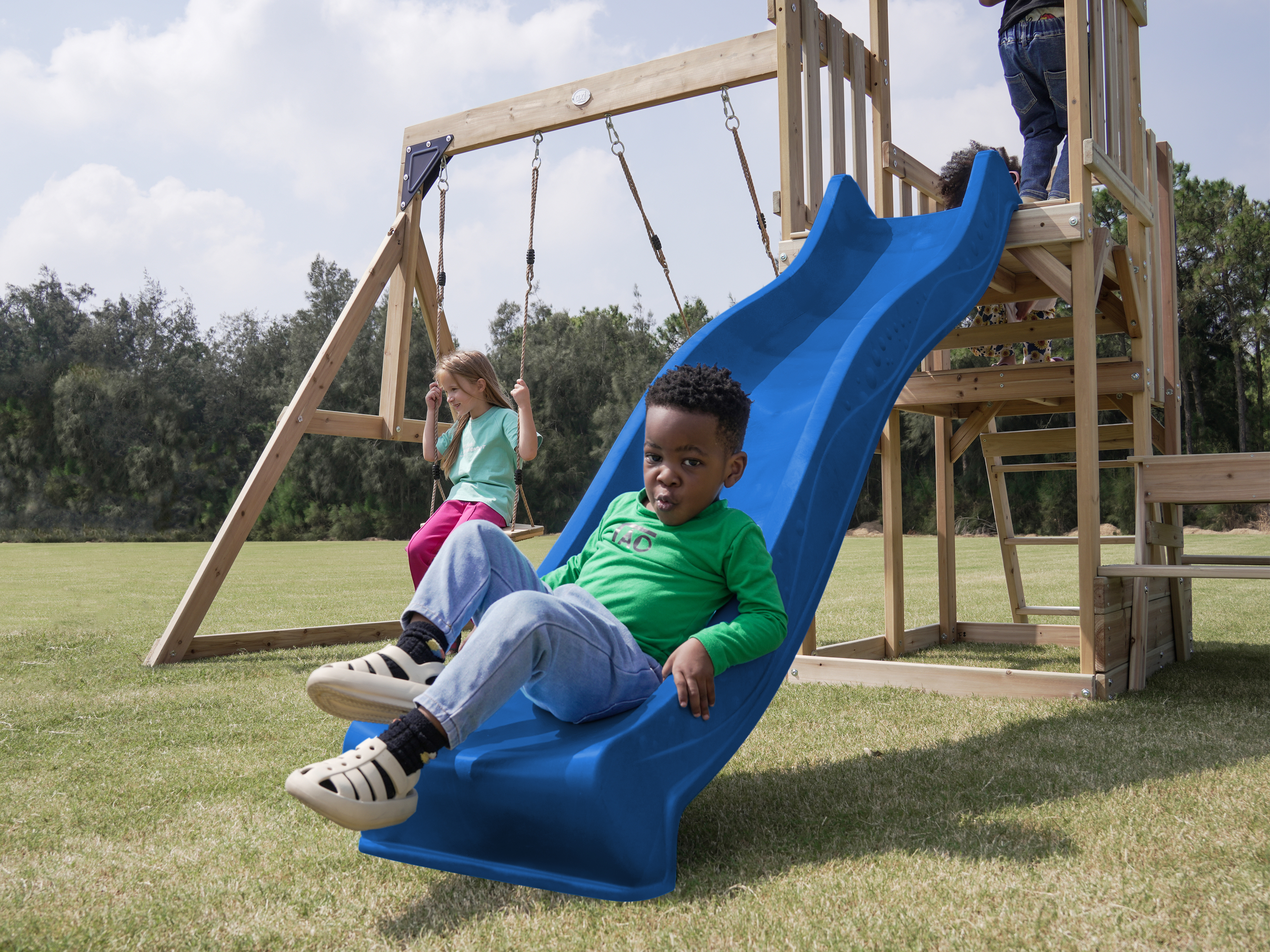 AXI Mette Climbing Frame with Double Swing Set and Picnic Table - Blue Slide