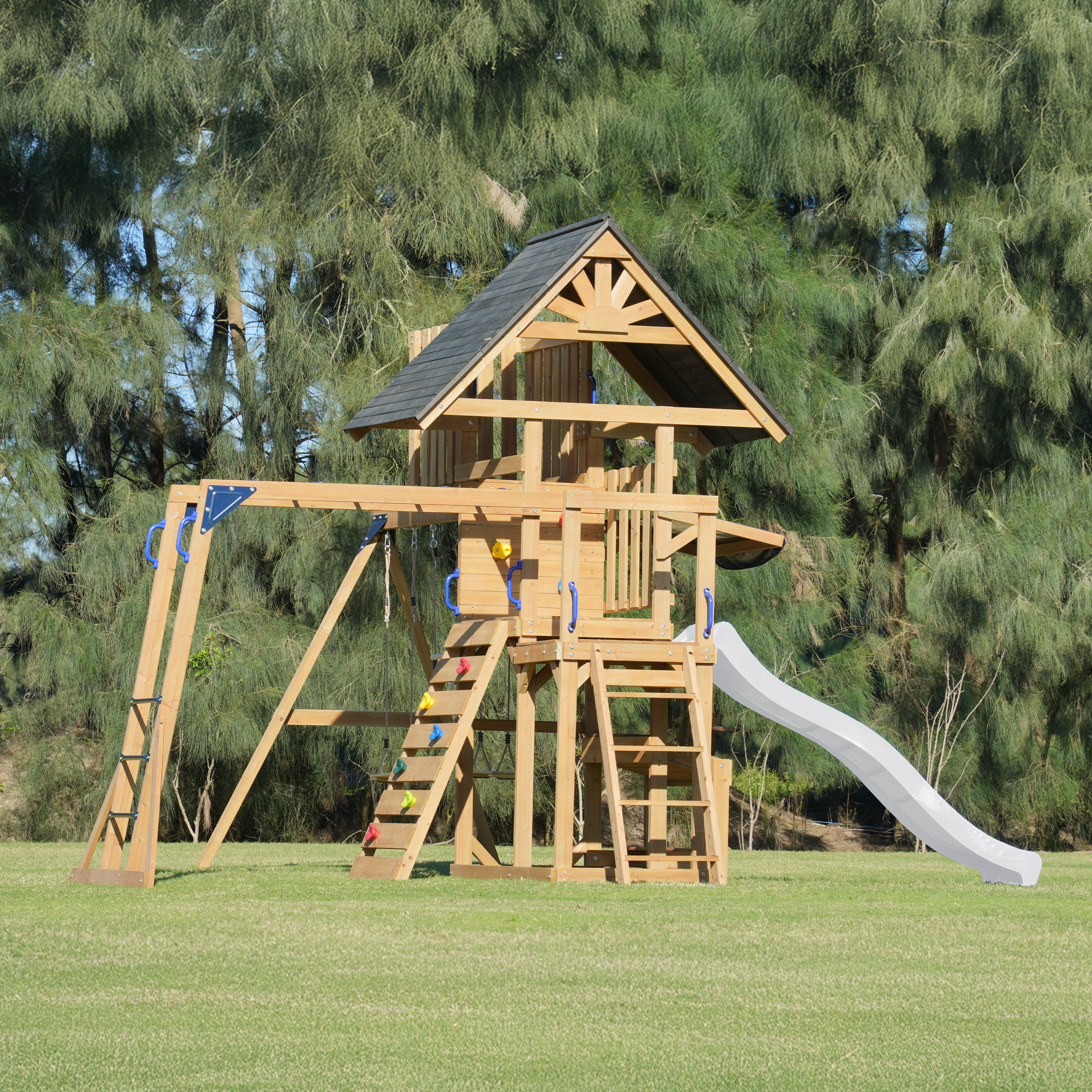 AXI Mitch Climbing Frame with Double Swing, Trapeze and Lookout Tower – White Slide