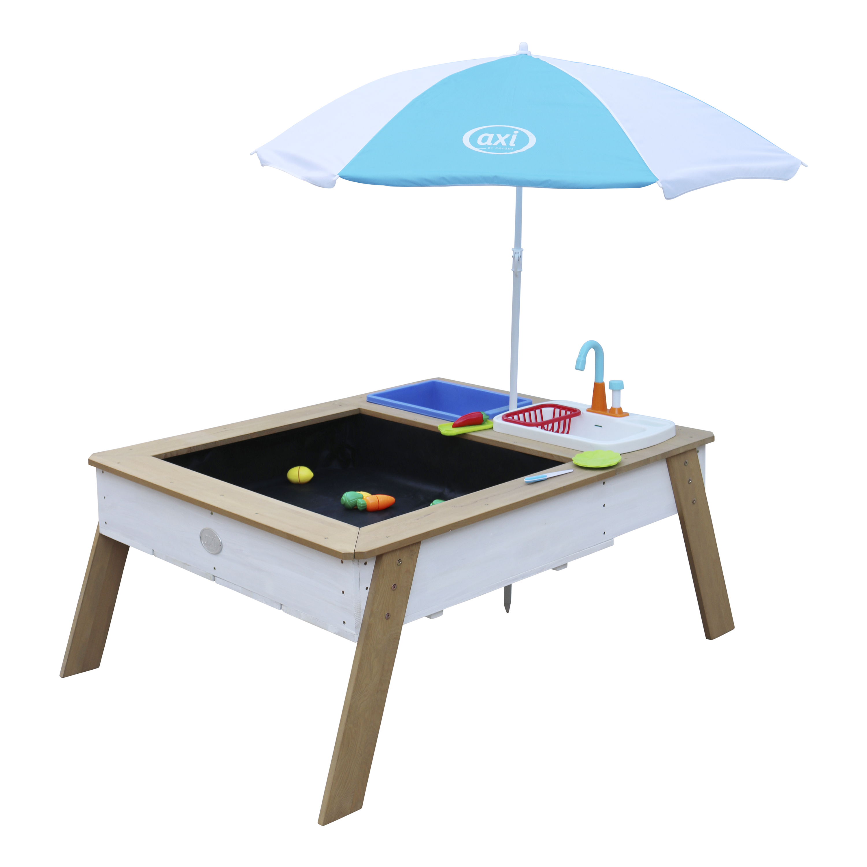 AXI Linda Sand & Water Table with Play Kitchen Sink Brown/White - Umbrella Blue/White