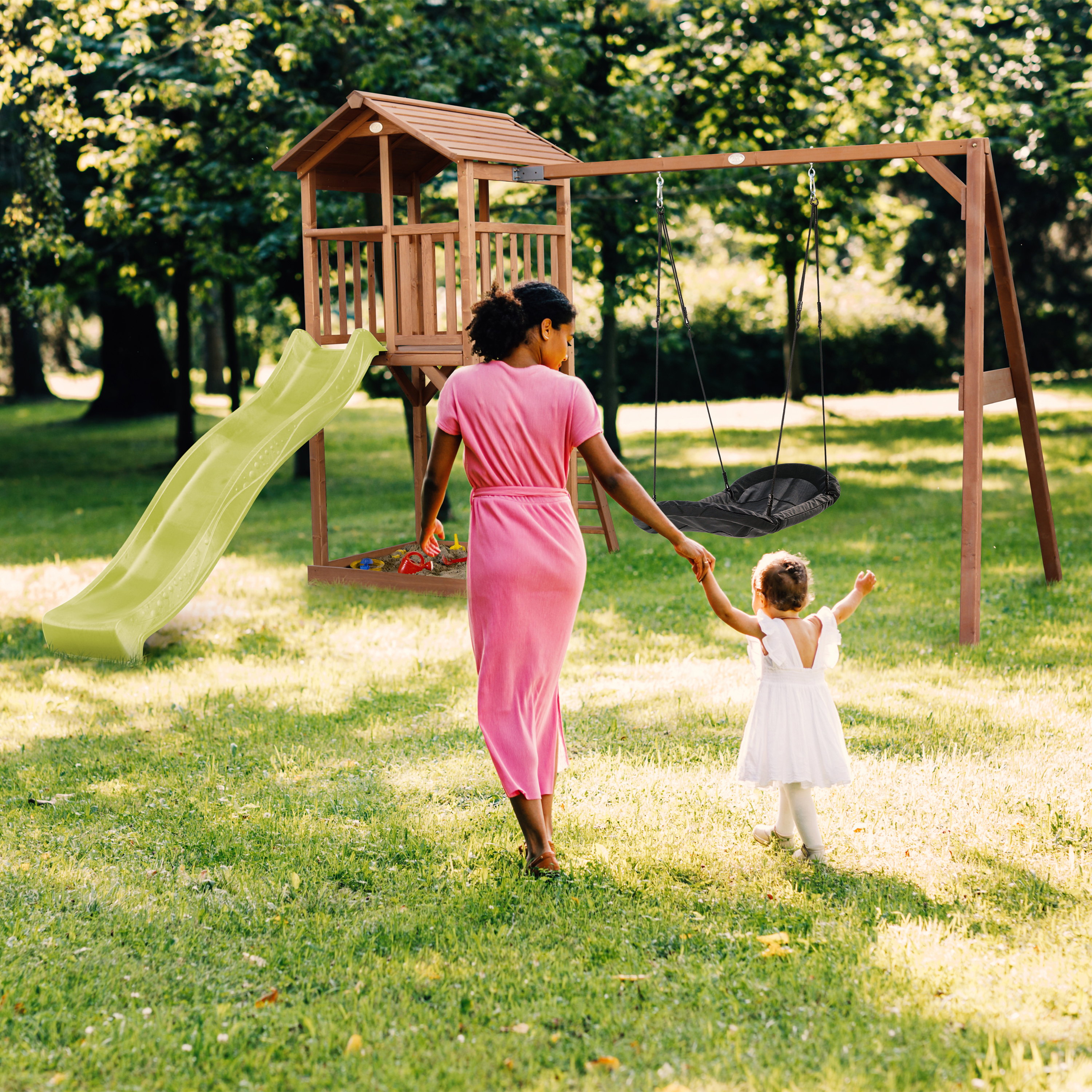 AXI Beach Tower with Roxy Nest Swing Set Brown - Lime Green Slide-8720365061493 AXI Beach Tower with Roxy Nest Swing Set Brown - Lime Green Slide