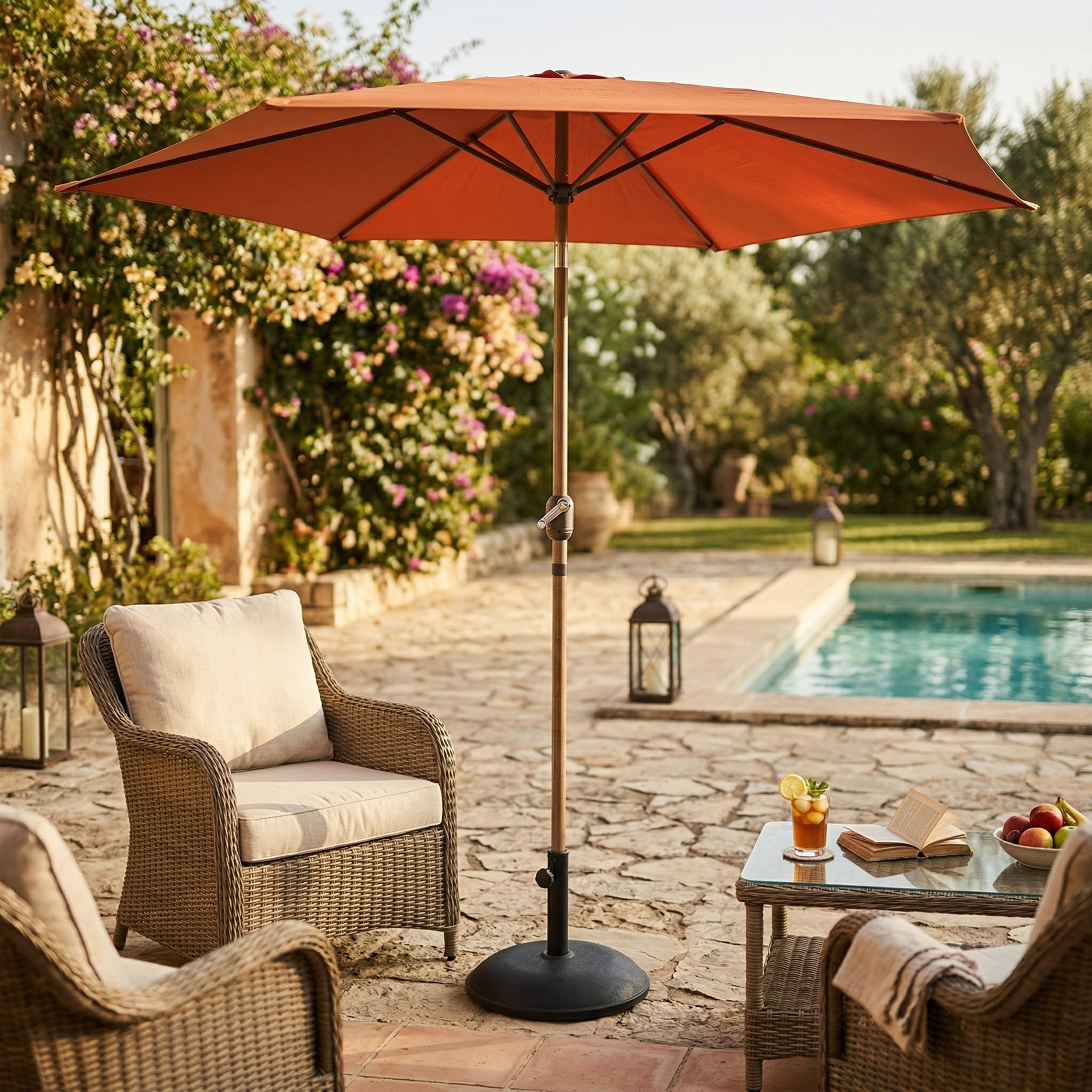 AXI Noor Centre Pole Parasol Ø 300cm incl. parasol base Oak-look/Terracotta