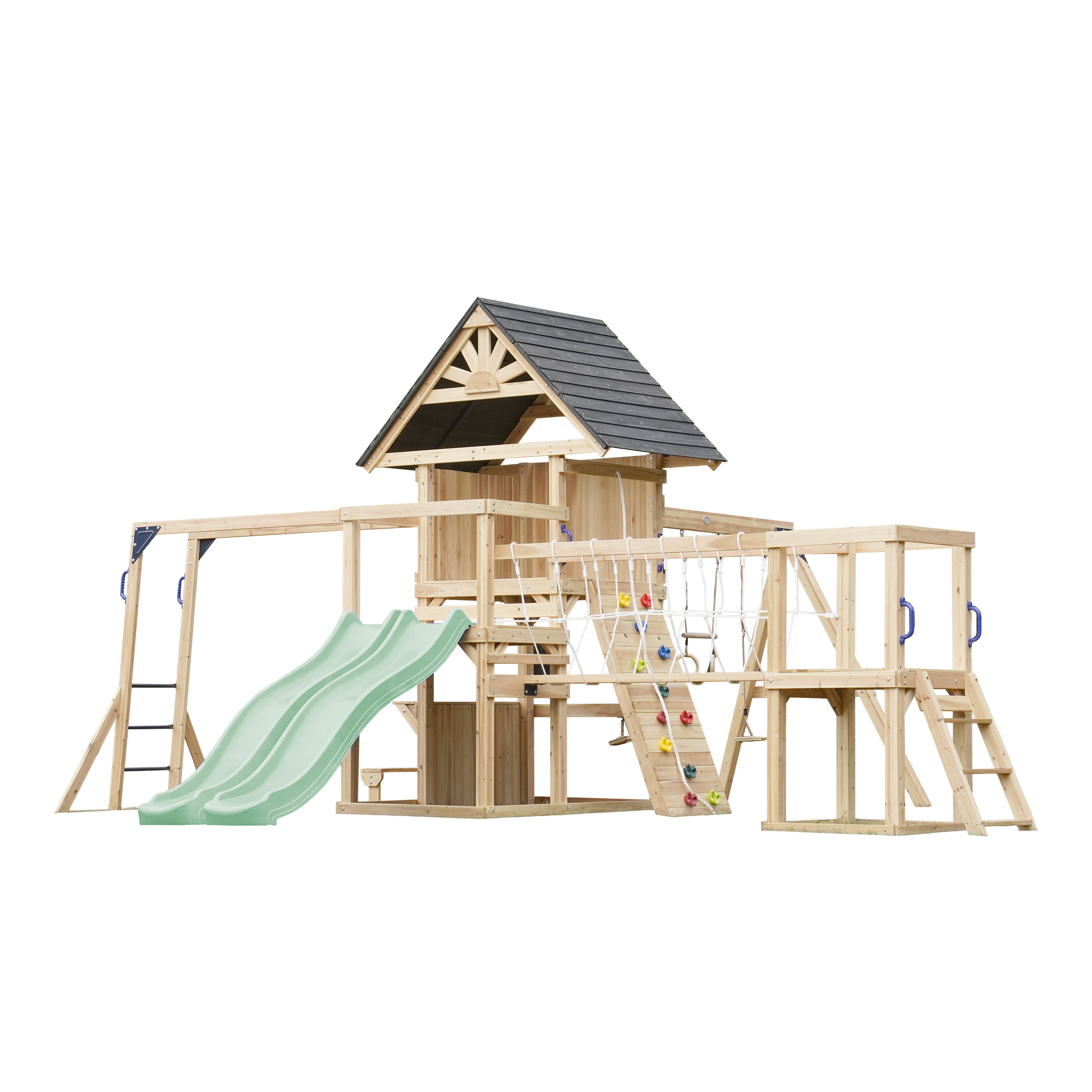 AXI Hunter Climbing Frame with Swings, Climbing Frame, Climbing Bridge and Multiple Platforms – Pastel Green Double Slide