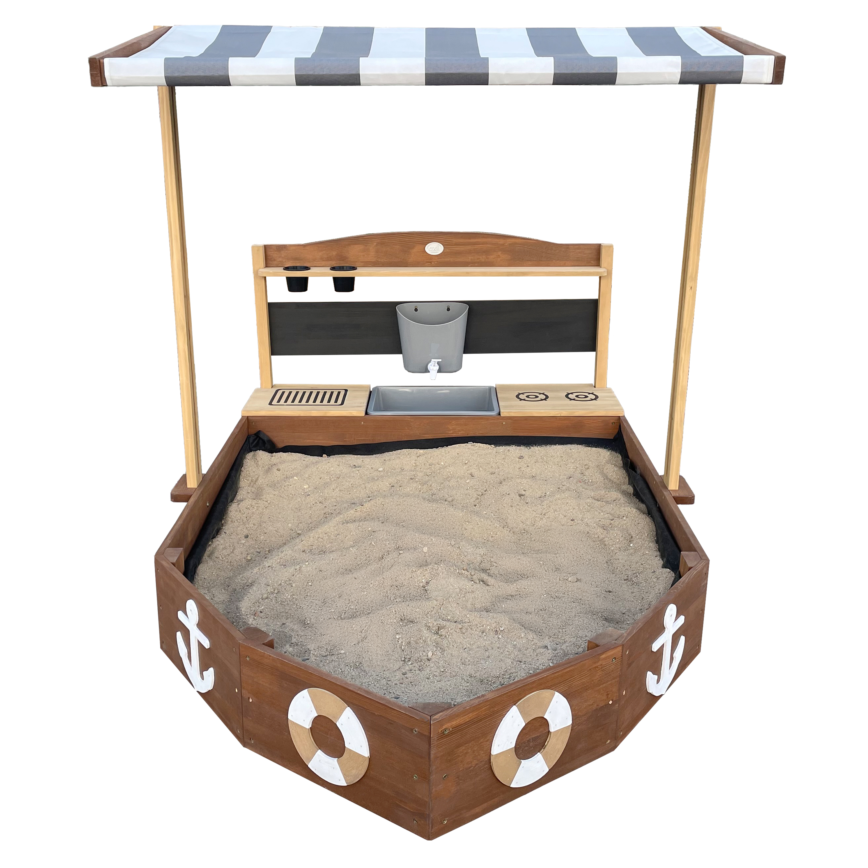 AXI Dora Boat Sandbox with Play Kitchen and Roof 160 x 100 cm Brown/Anthracite