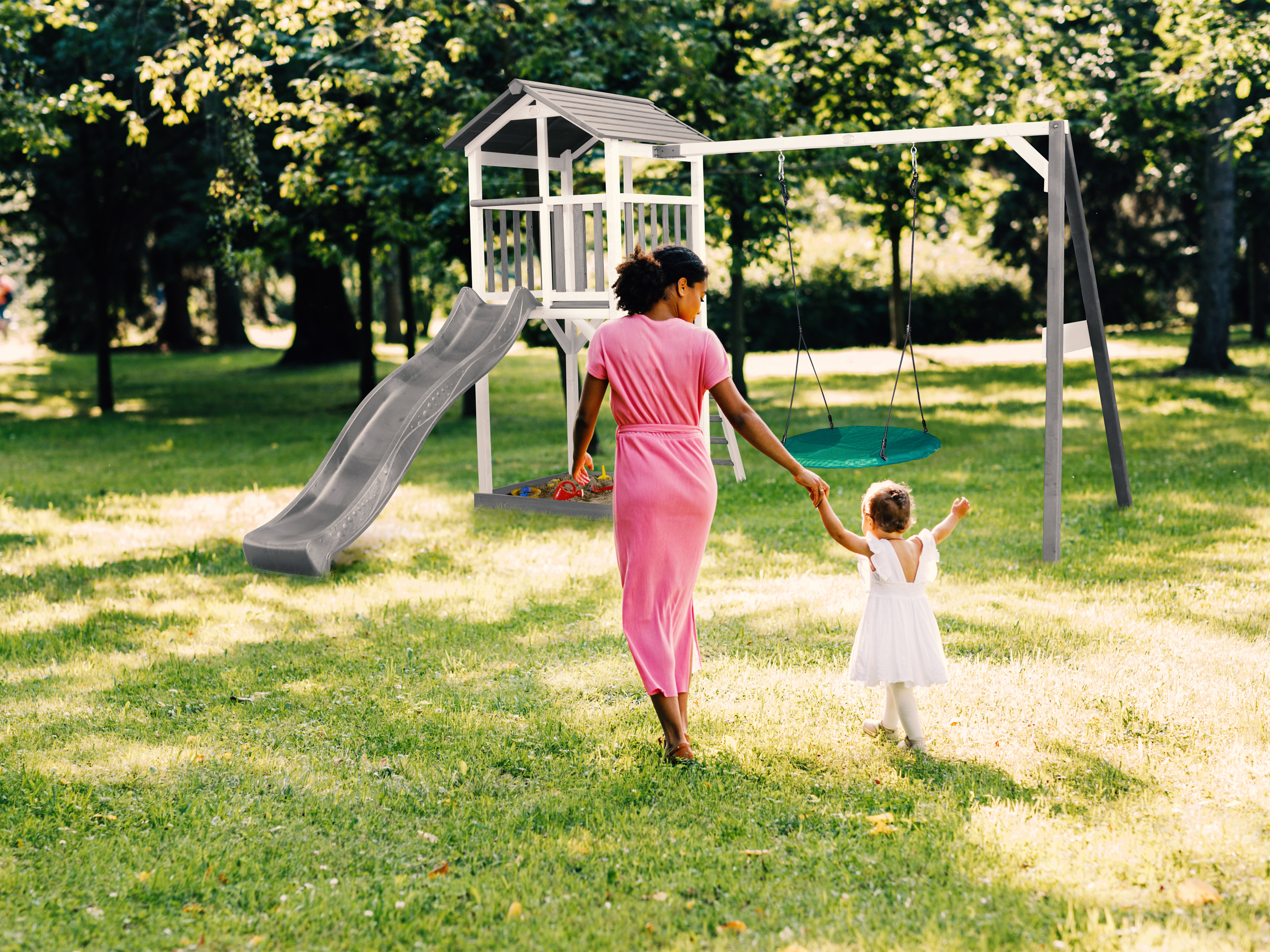 AXI Beach Tower with Summer Nest Swing Set Grey/White - Grey Slide-8717973936640 AXI Beach Tower with Summer Nest Swing Set Grey/White - Grey Slide