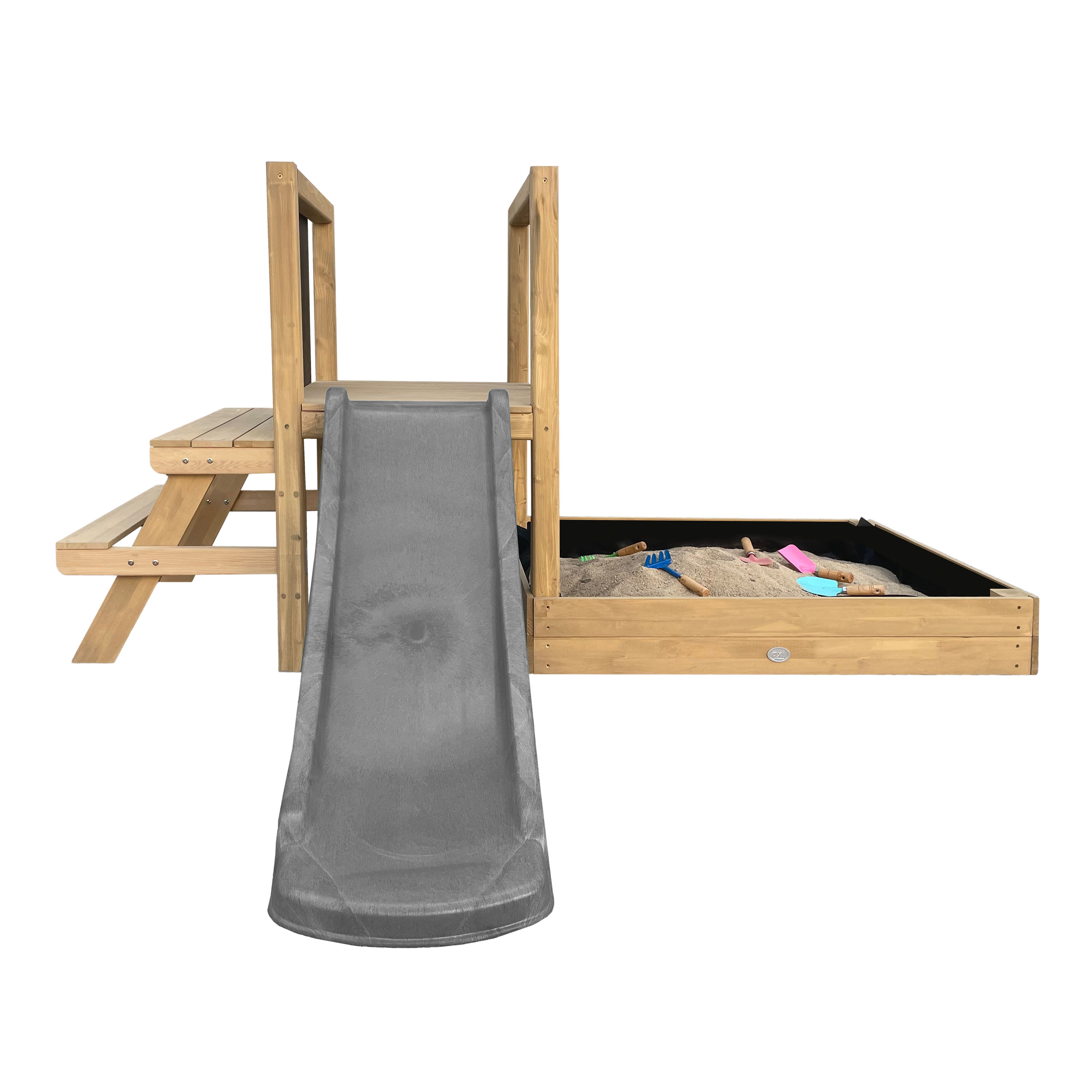 AXI Leah Mini Wooden Playtower with Sandbox. Picnic Table & Chalkboard –  Grey Slide