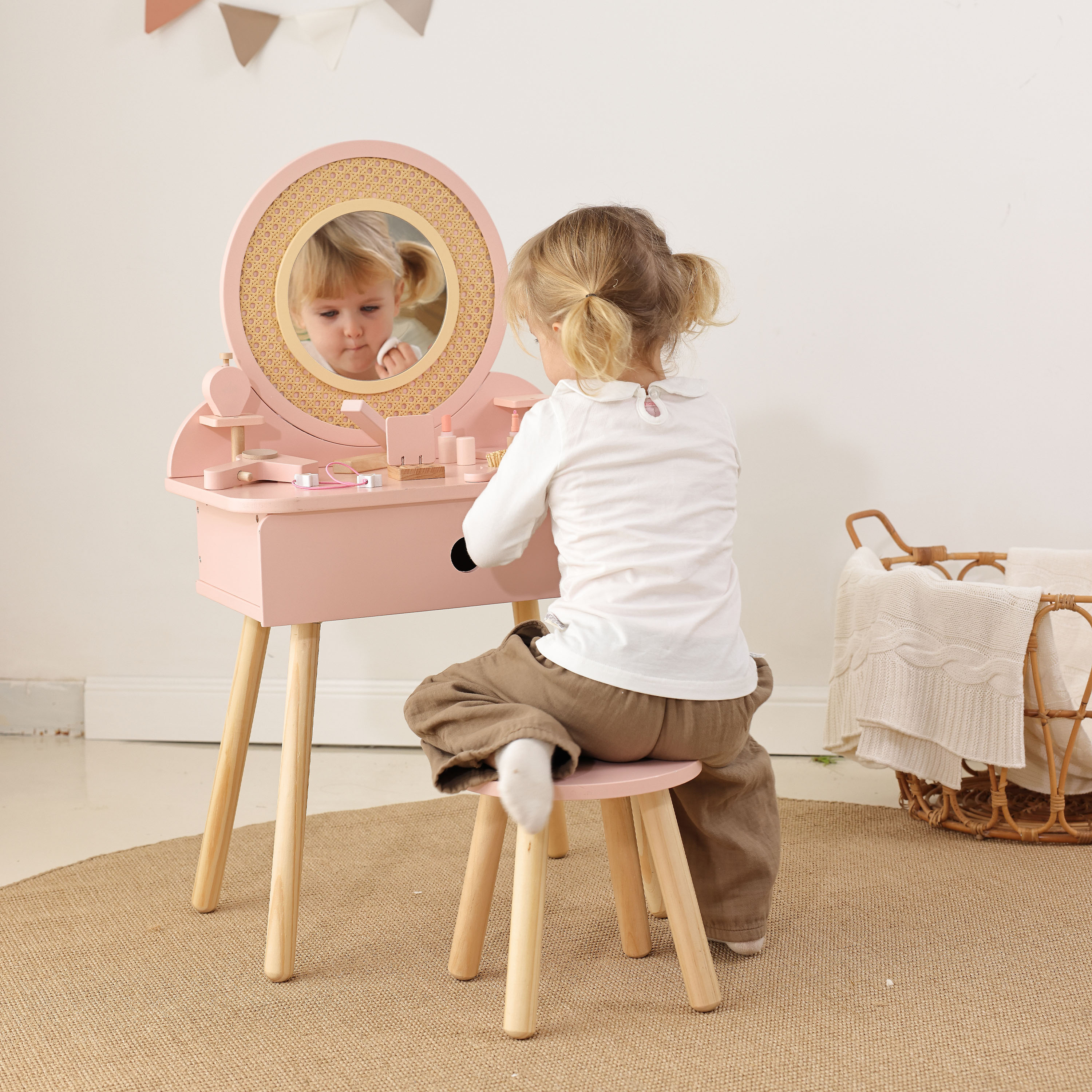 Tooky Toy Wooden Dressing Table with Rattan Look
