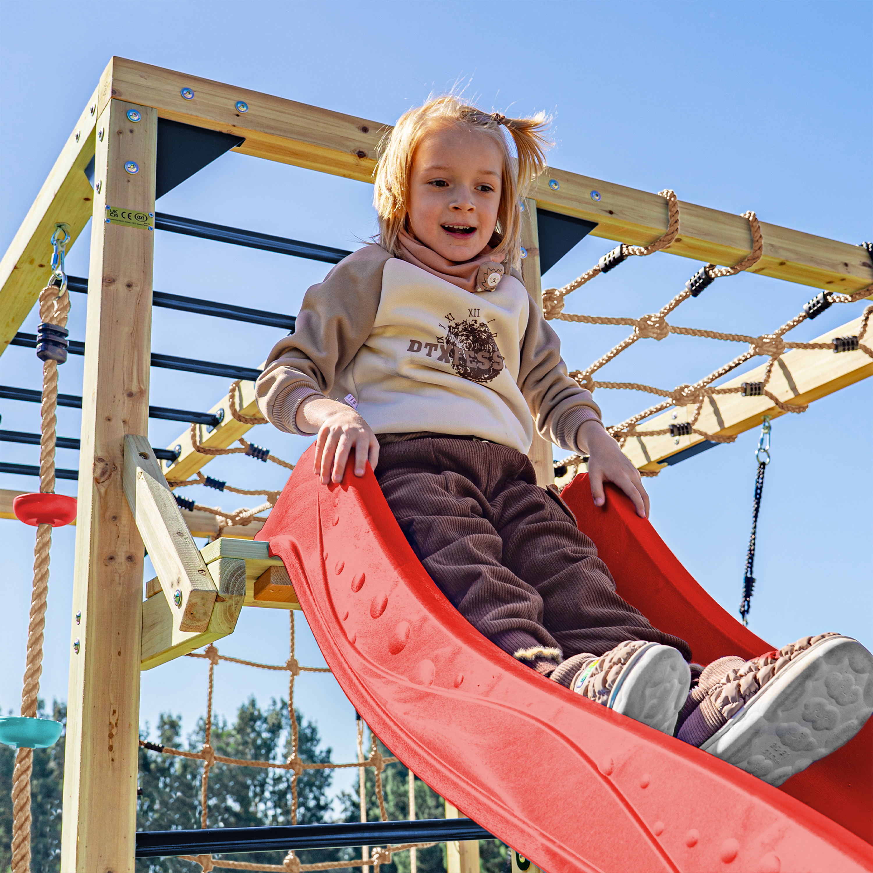 AXI Boris Wooden Playcentre with Swings. Trapeze. Climbing Nets and Monkey Bars – Red Slide