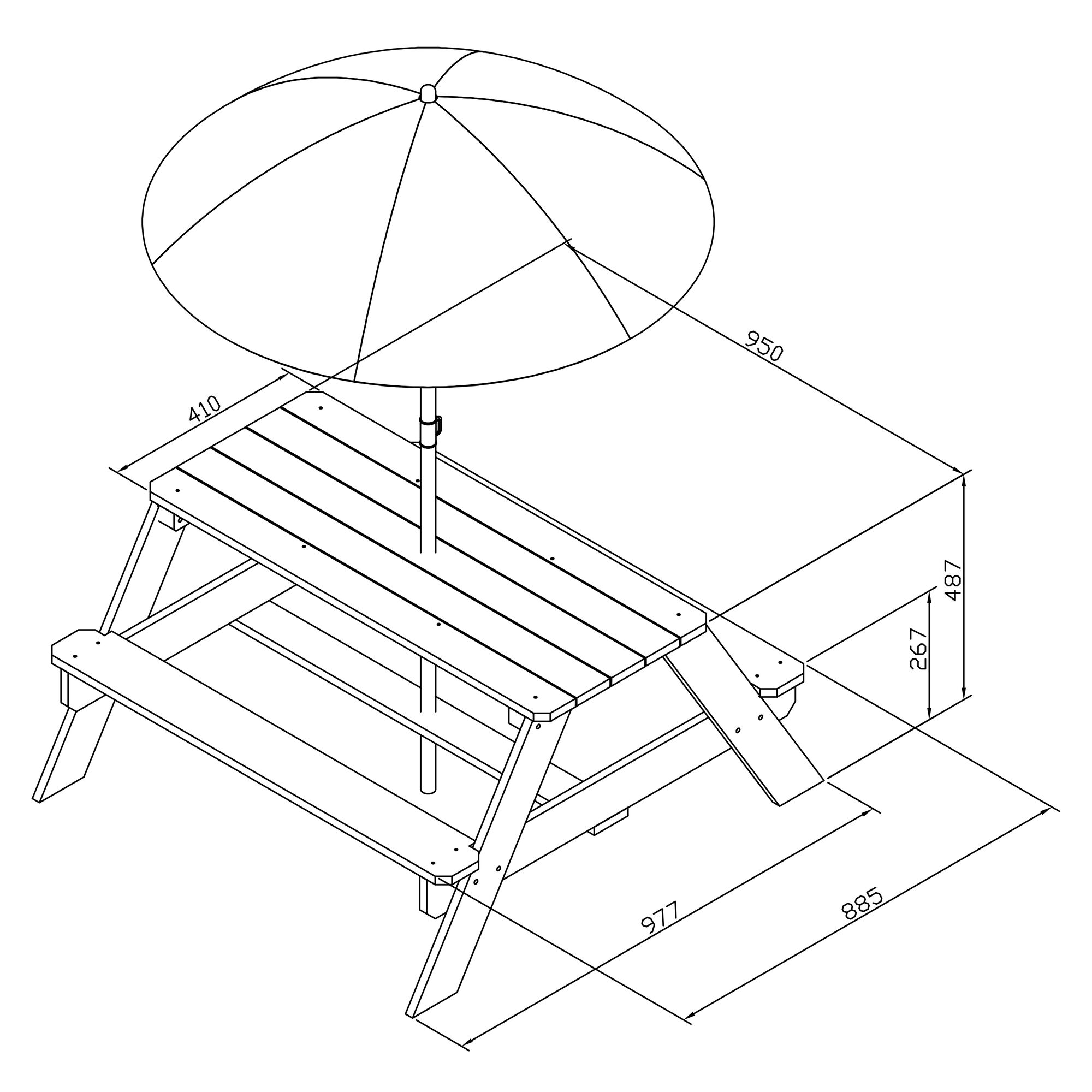 maattekening AXI Nick Picknicktafel Antraciet/grijs - Parasol Blauw/grijs