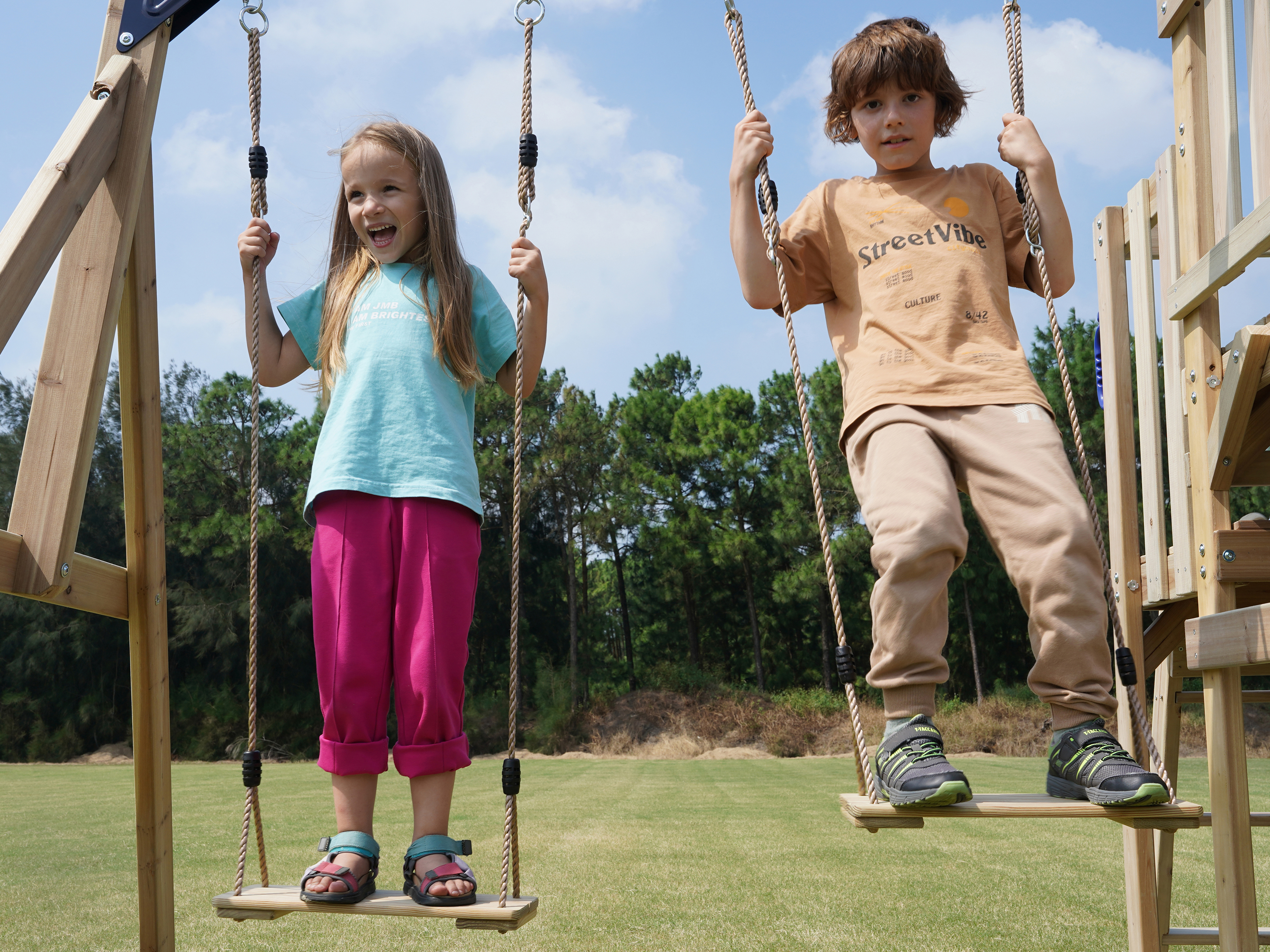 AXI Mette Climbing Frame with Double Swing Set and Picnic Table - Blue Slide