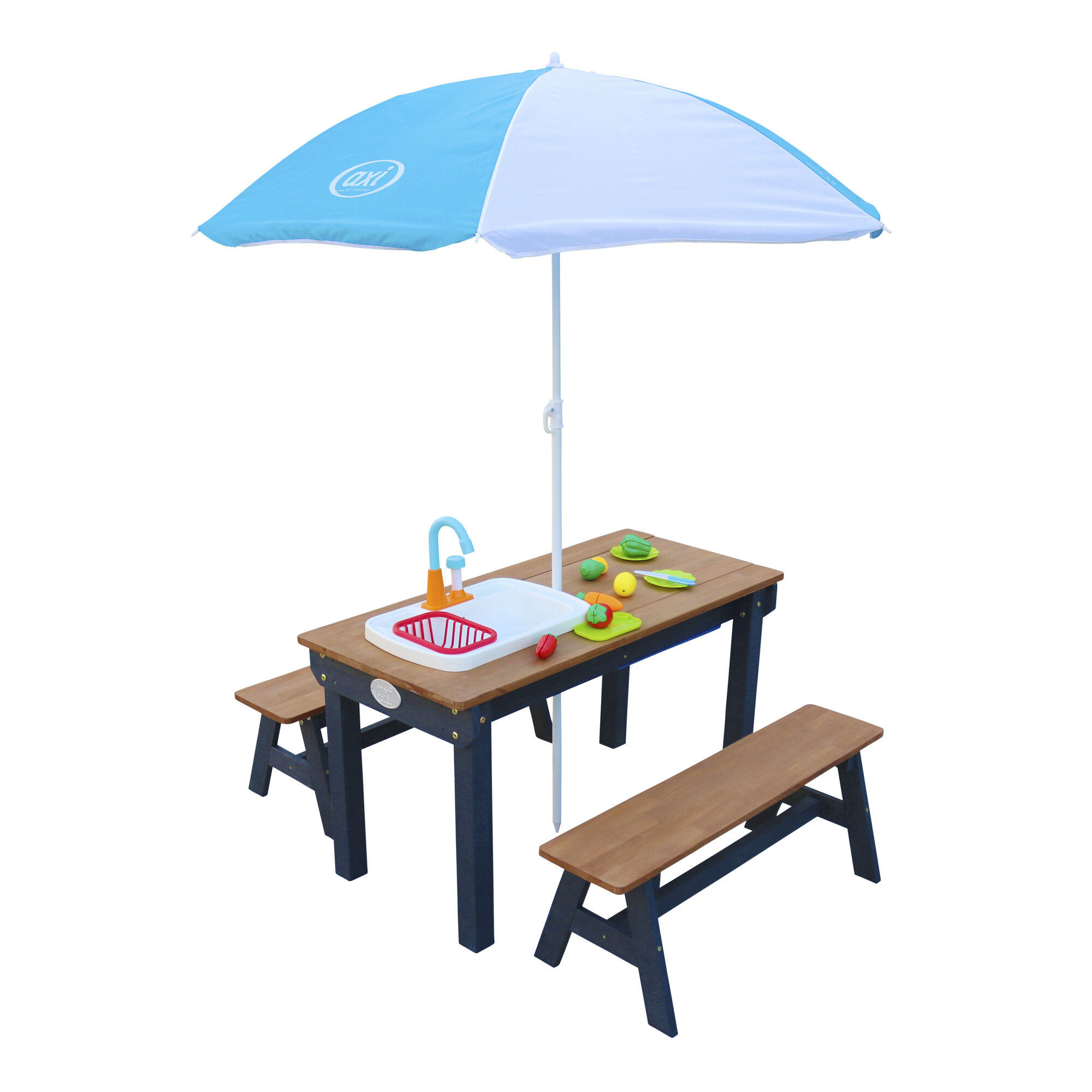 productfoto AXI Dennis Zand & Water Picknicktafel met Speelkeuken wastafel en losse bankjes Antraciet/bruin Parasol Blauw/wit