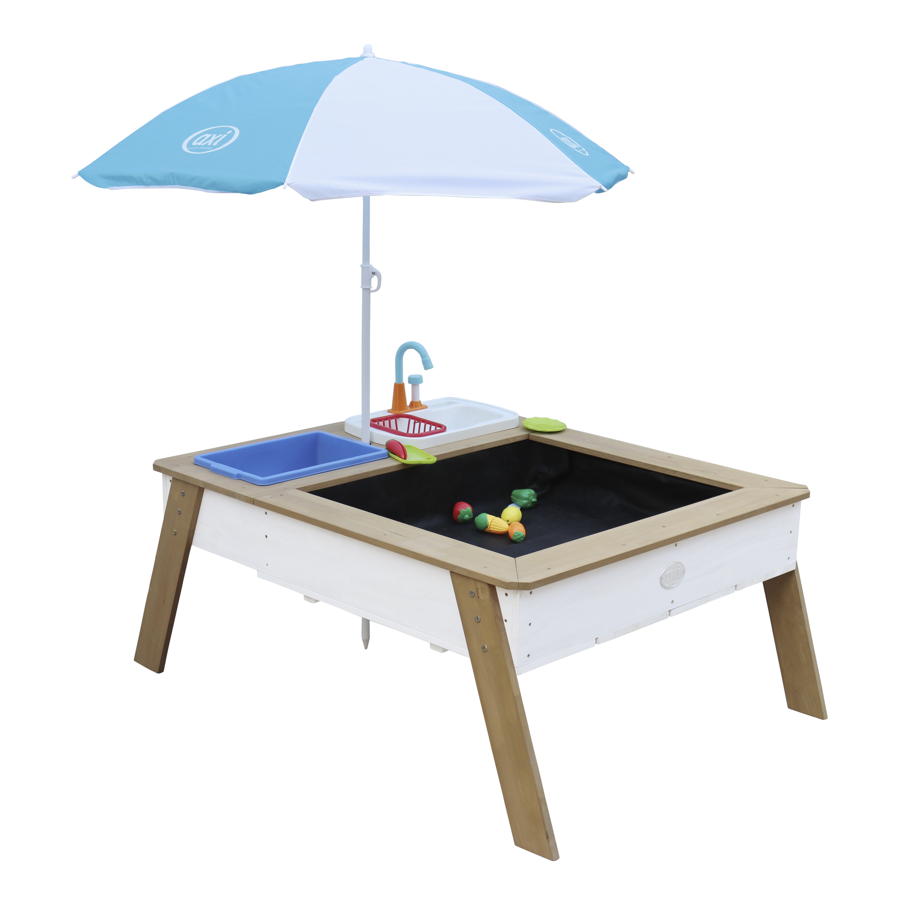 AXI Linda Sand & Water Table with Play Kitchen Sink Brown/White - Umbrella Blue/White