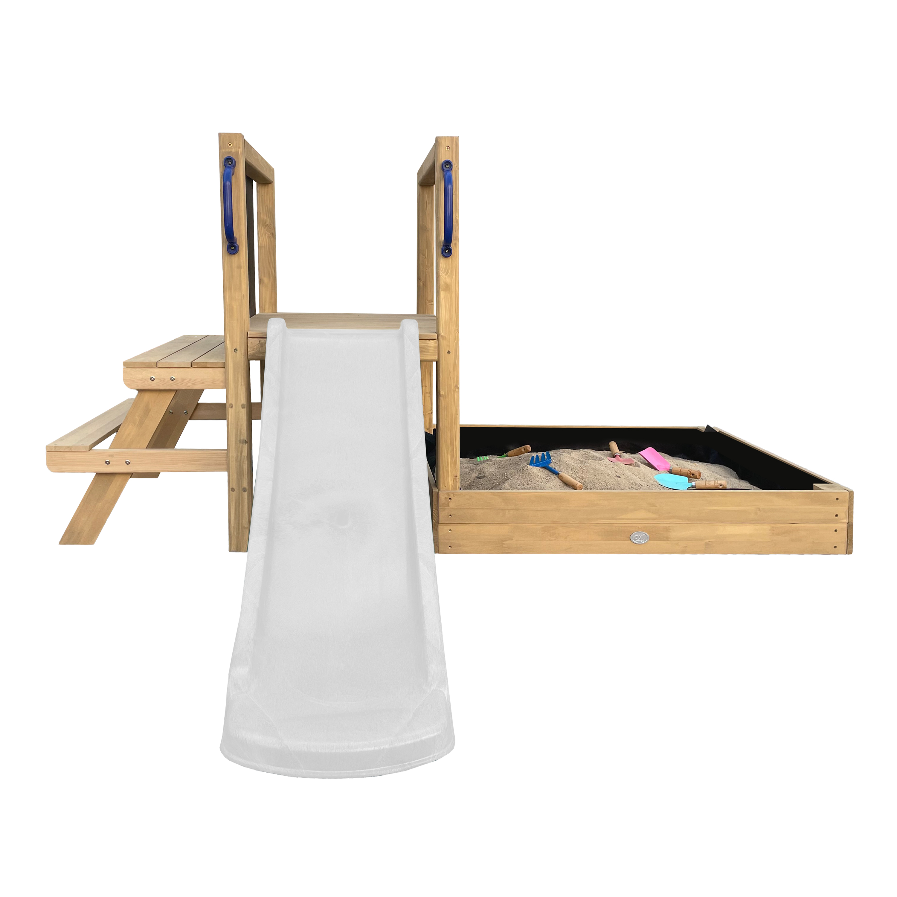 AXI Leah Mini Wooden Playtower with Sandbox, Picnic Table & Chalkboard – White Slide