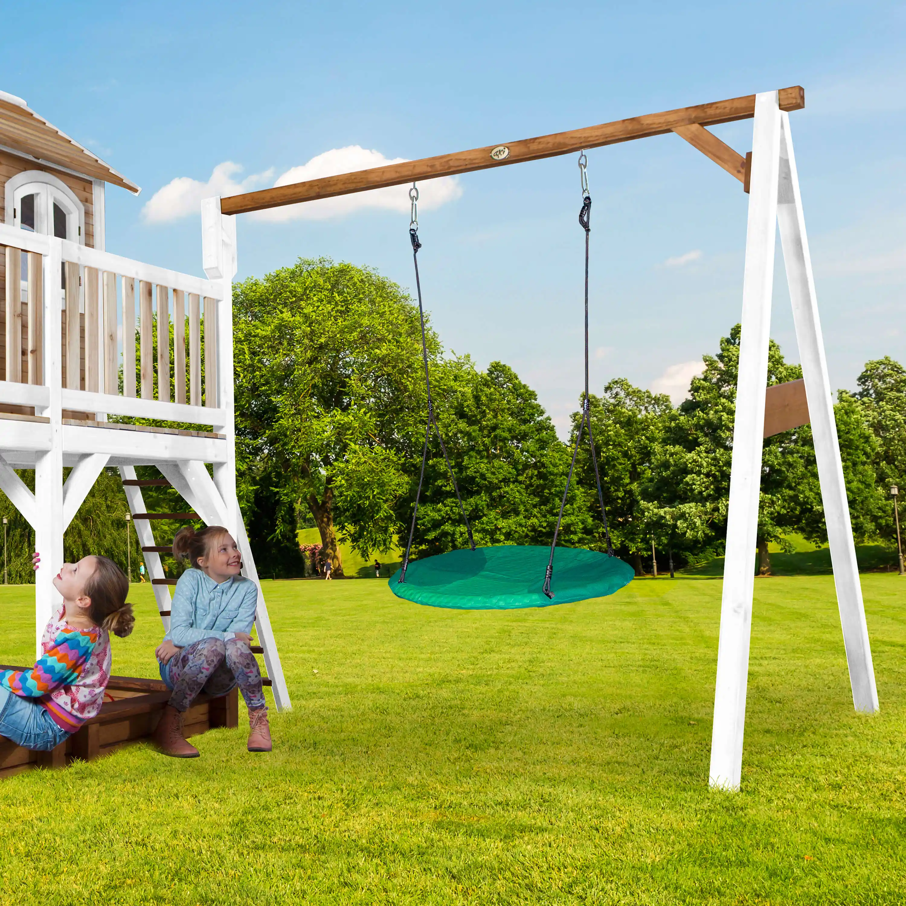 AXI Liam Speelhuis met Summer Nestschommel Bruin/wit - Limoen groene Glijbaan