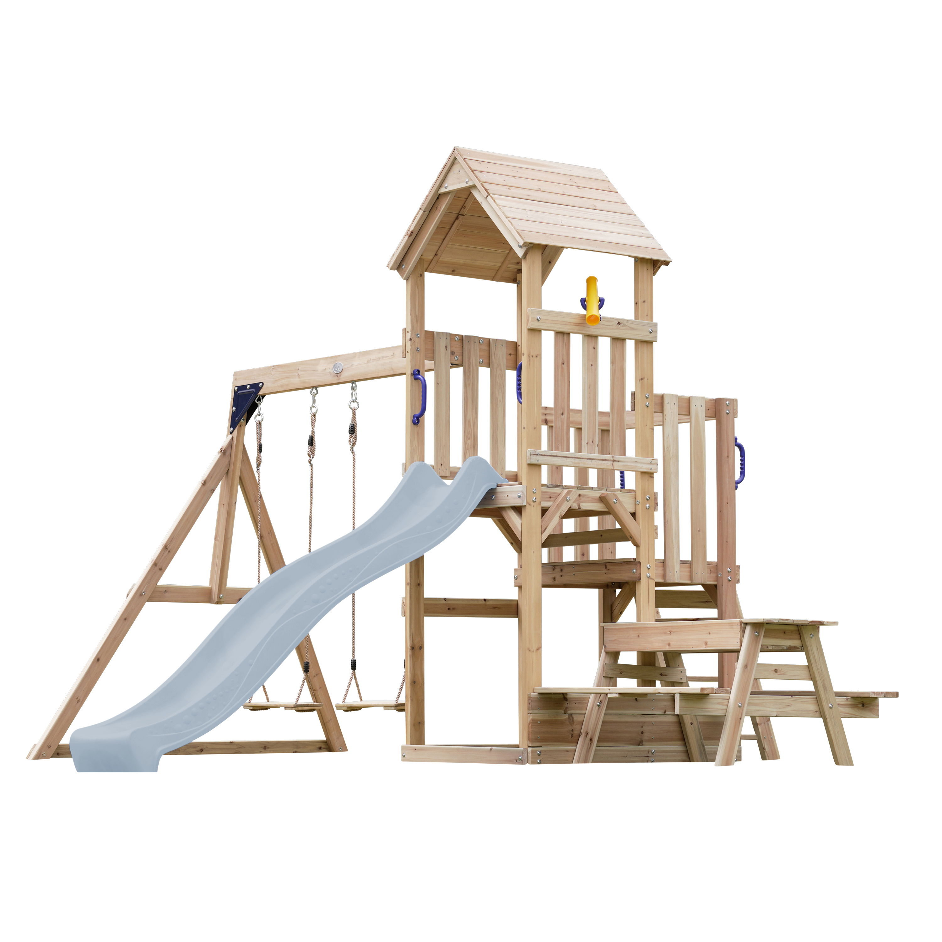 AXI Mette Climbing Frame with Double Swing Set and Picnic Table - Pastel Blue Slide