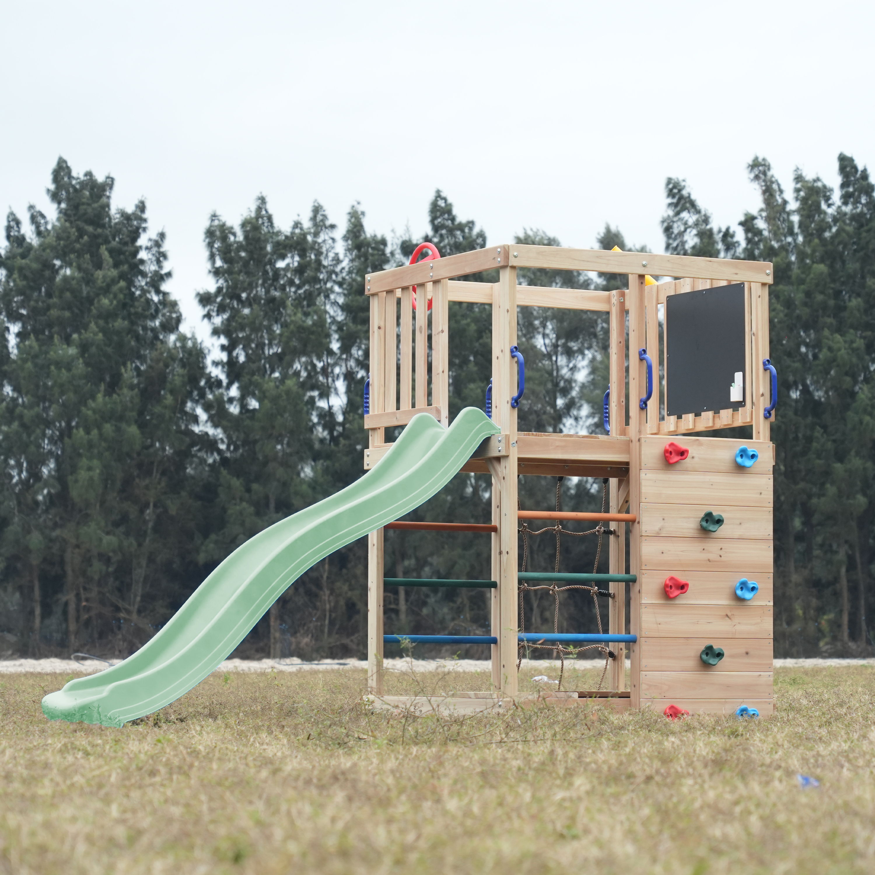 AXI Sam Climbing Frame with Climbing Wall, Climbing Net and Monkey Bars – Pastel Green Slide