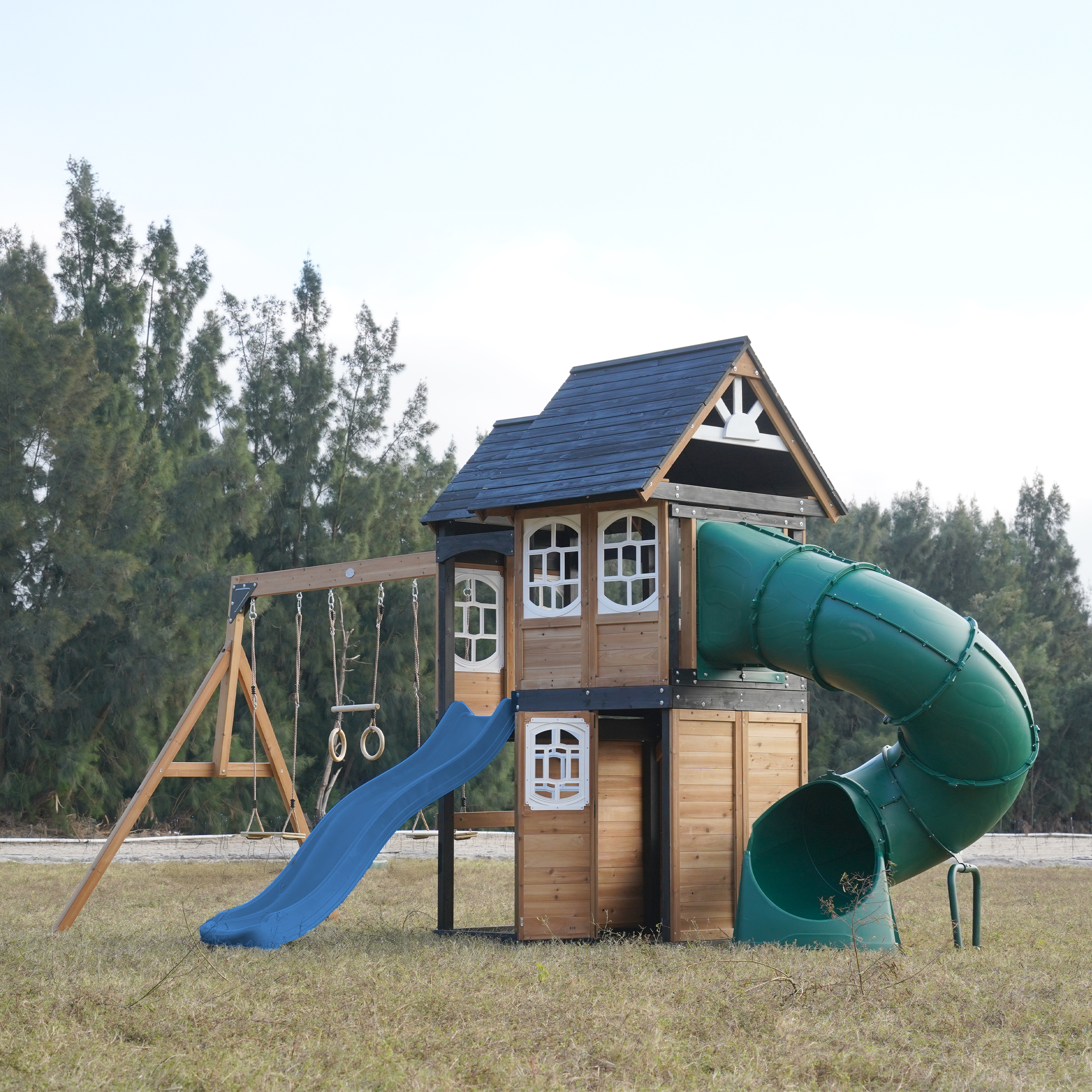 AXI Noud Climbing Frame with Playhouse, Swings, Trapeze and Climbing Wall – Blue Slide and Tube Slide