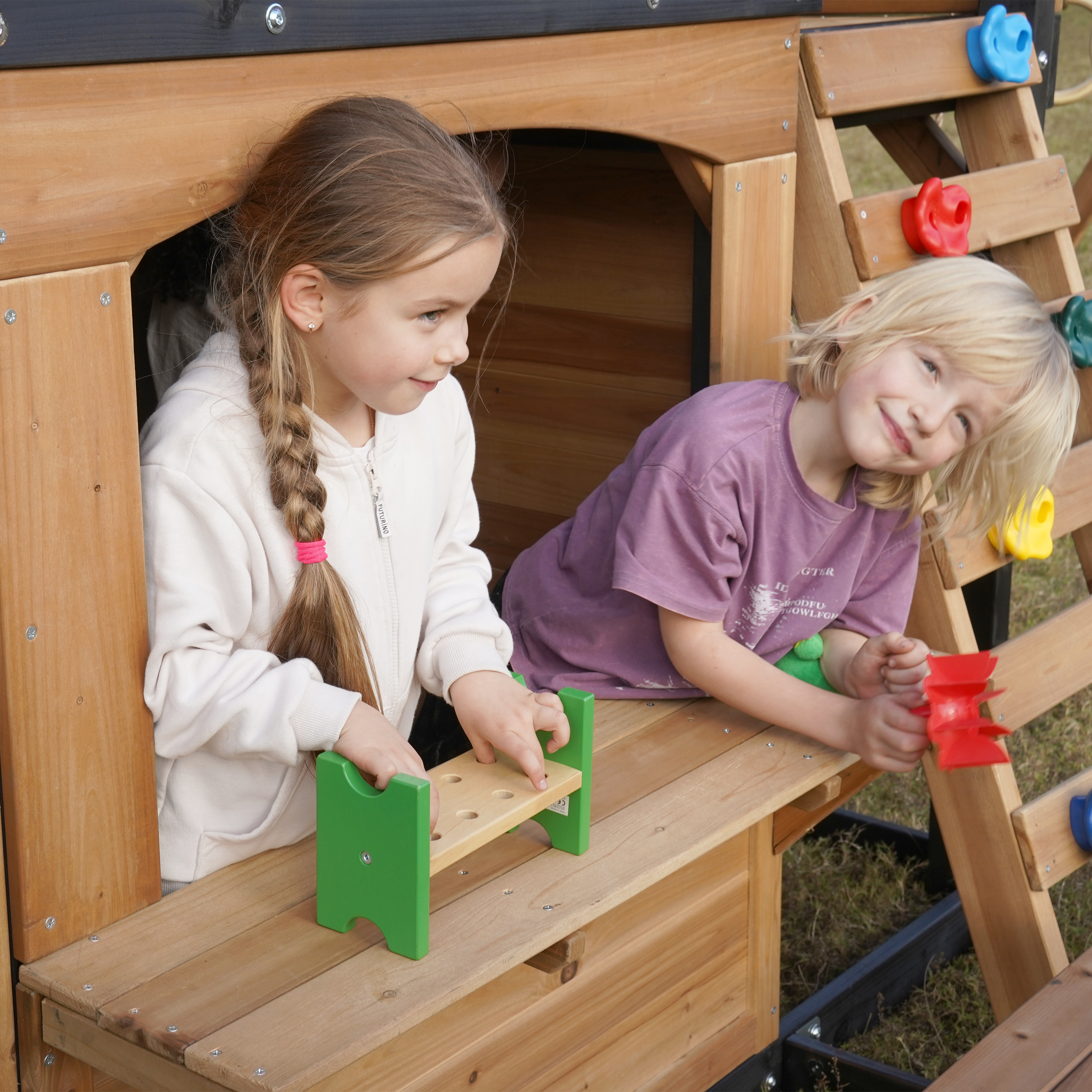 AXI Noud Climbing Frame with Playhouse, Swings, Trapeze and Climbing Wall – Blue Slide and Tube Slide