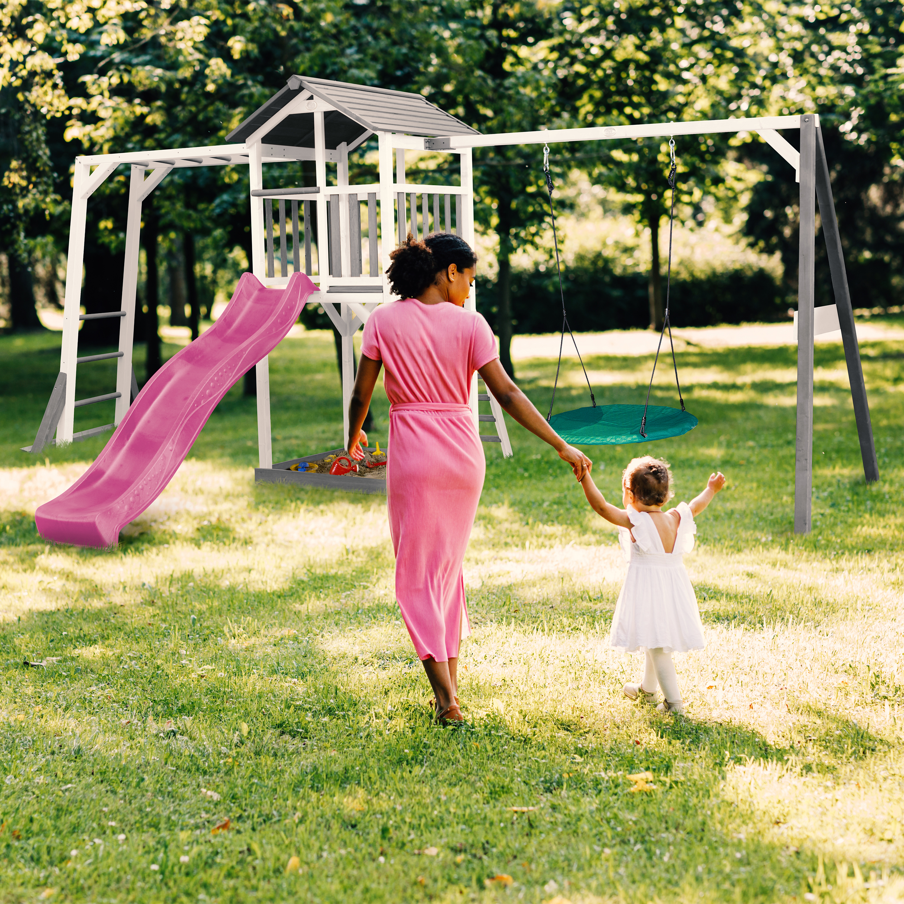 AXI Beach Tower with Climbing Frame and Summer Nest Swing Set Grey/White - Purple Slide