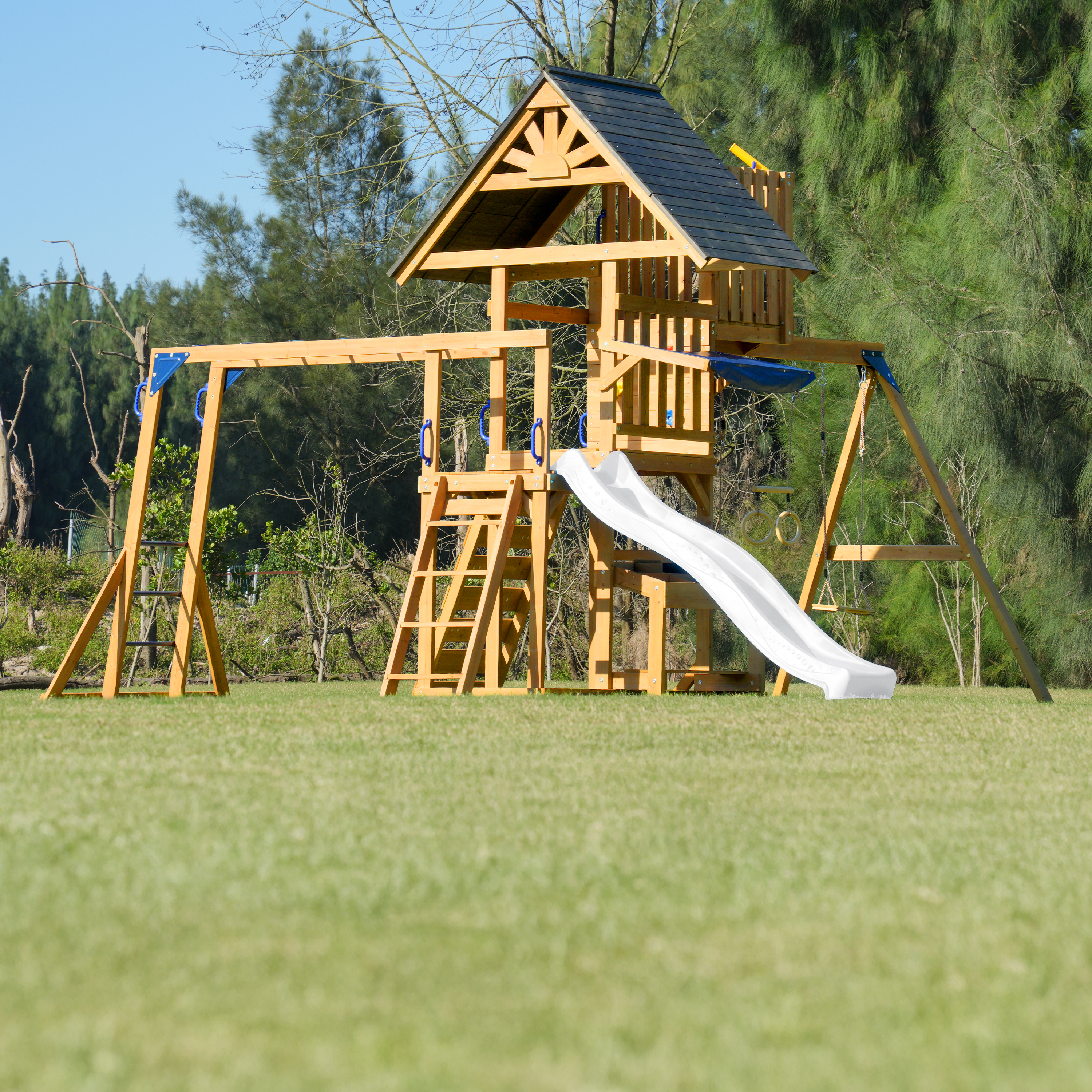 AXI Mitch Climbing Frame with Double Swing, Trapeze and Lookout Tower – White Slide