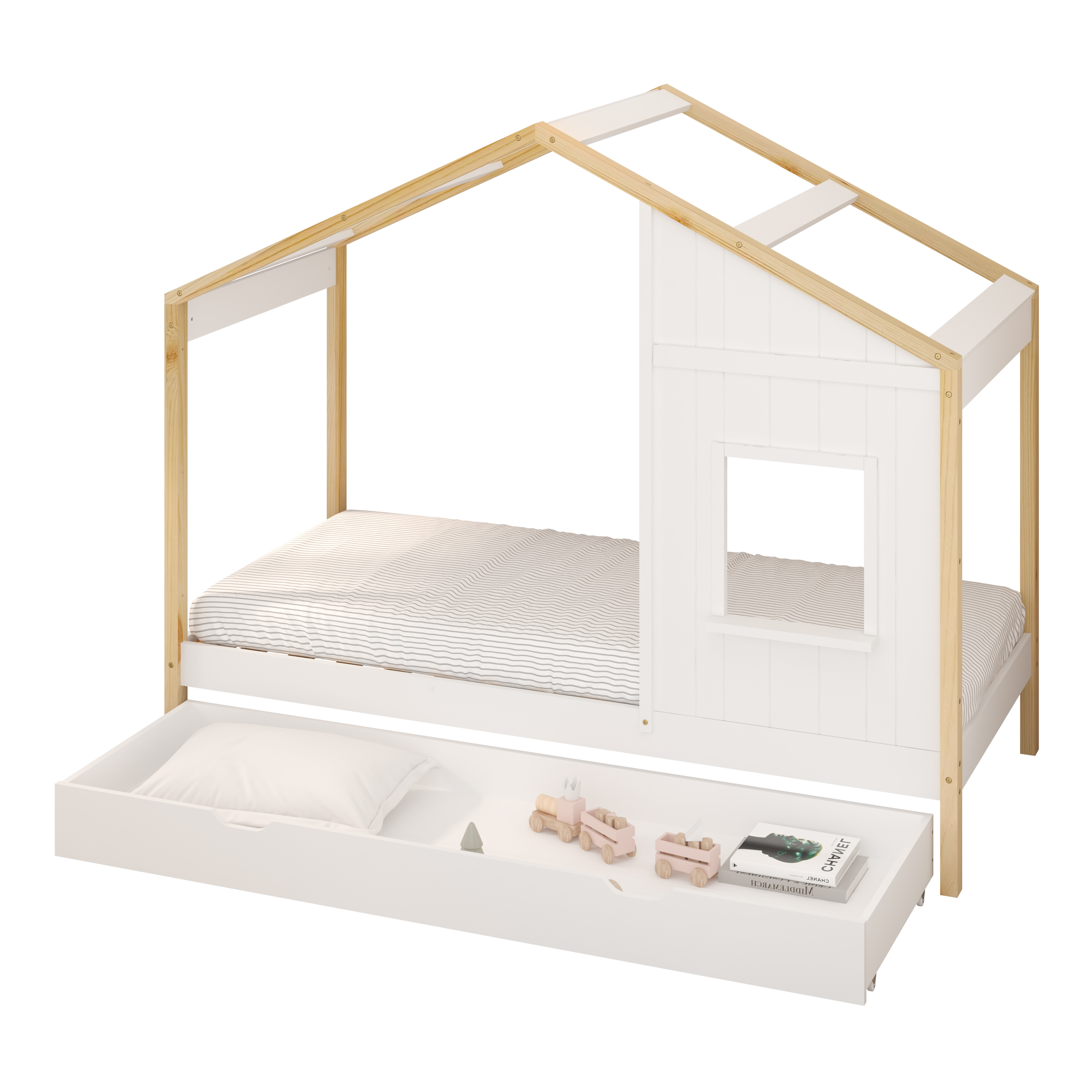 Sunny Beau House Bed with Storage Drawer Brown/White – With Mattress