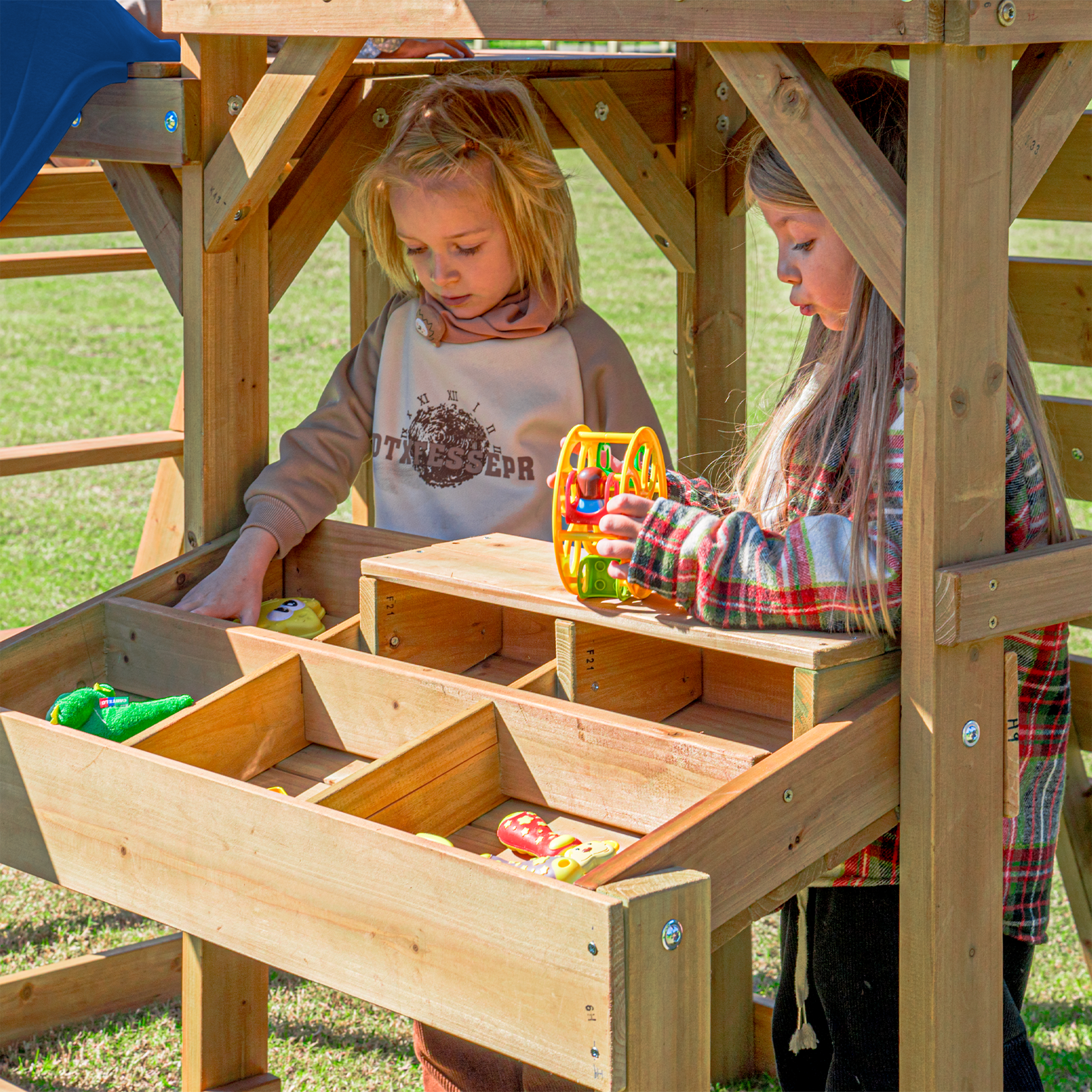 AXI Mitch Climbing Frame with Double Swing. Trapeze and Lookout Tower – Blue Slide