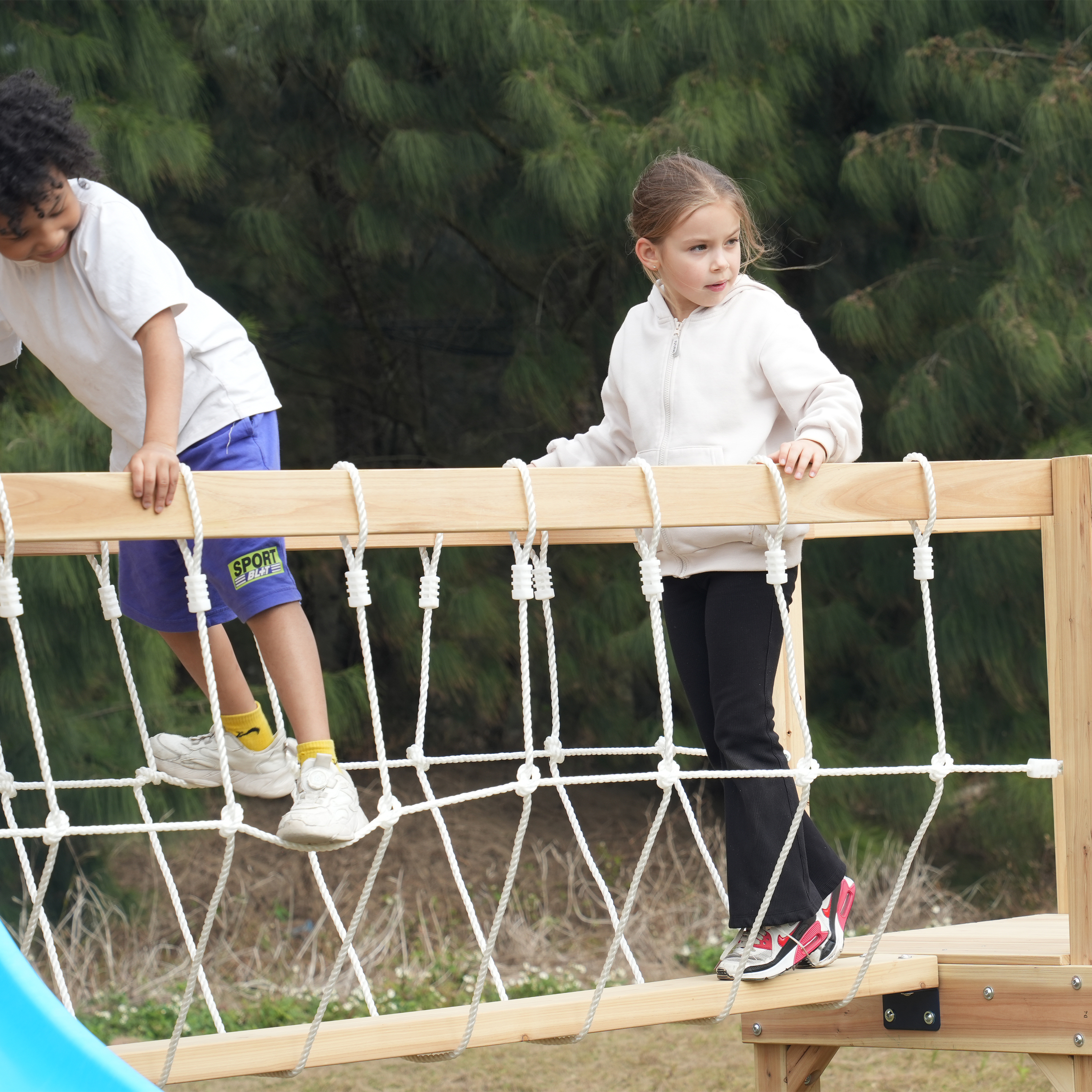 AXI Hunter Climbing Frame with Swings, Climbing Frame, Climbing Bridge and Multiple Platforms – Pastel Blue Double Slide