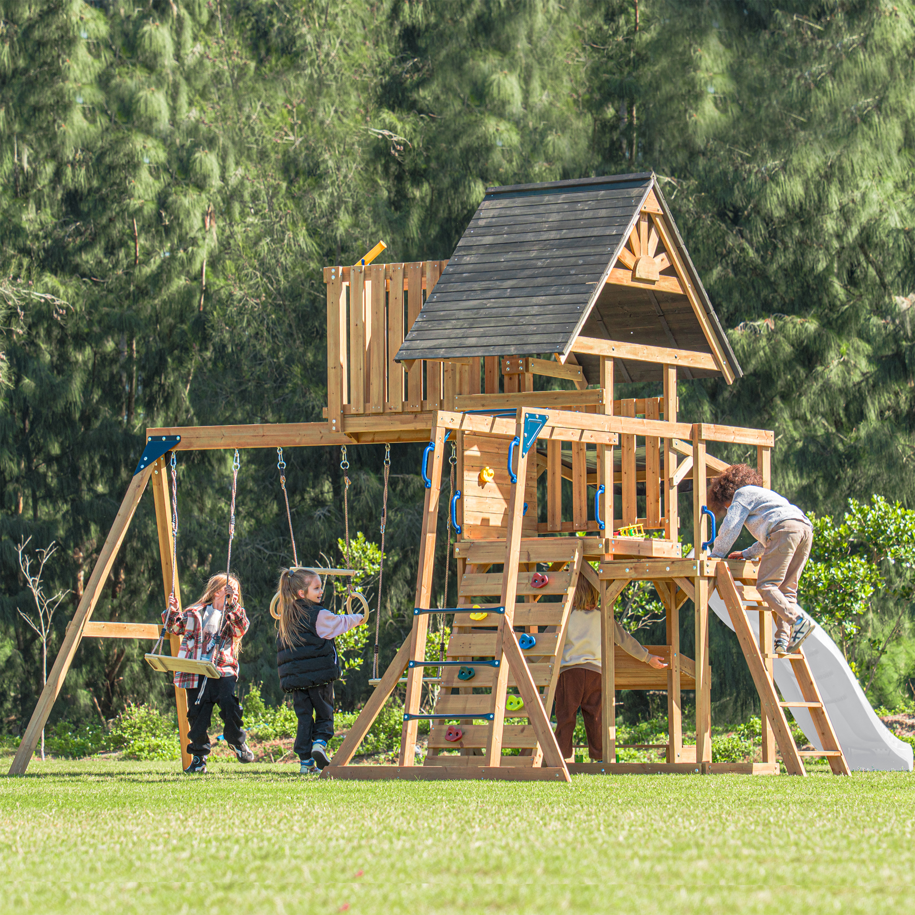 AXI Mitch Climbing Frame with Double Swing, Trapeze and Lookout Tower – White Slide