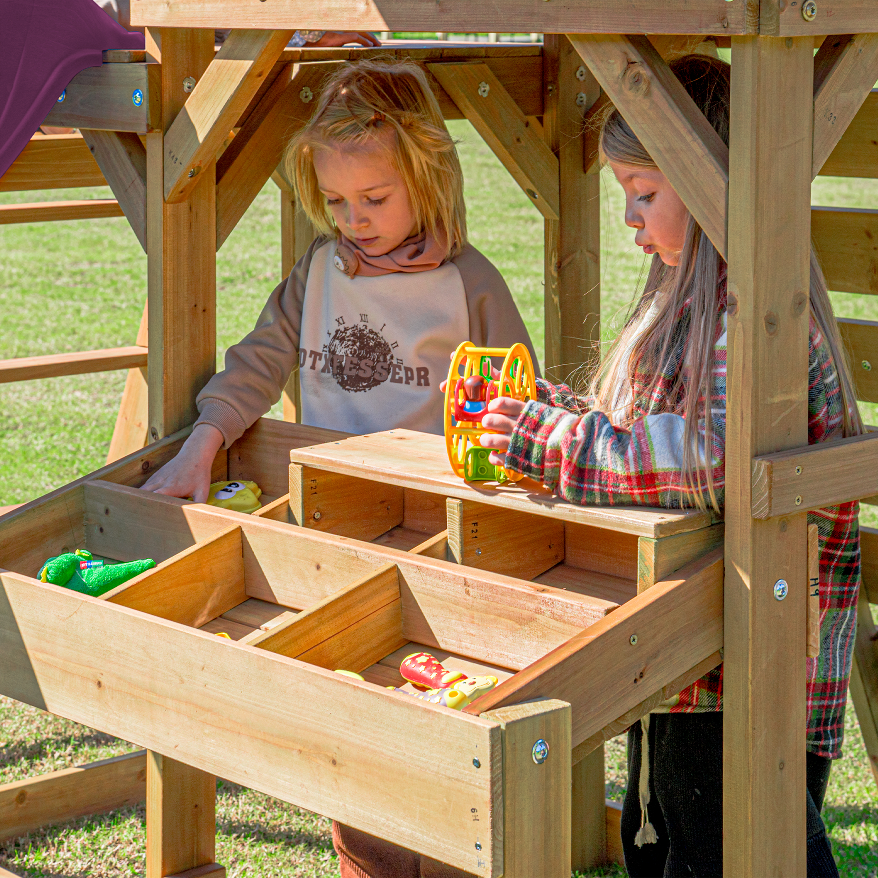 AXI Mitch Climbing Frame with Double Swing. Trapeze and Lookout Tower – Purple Slide