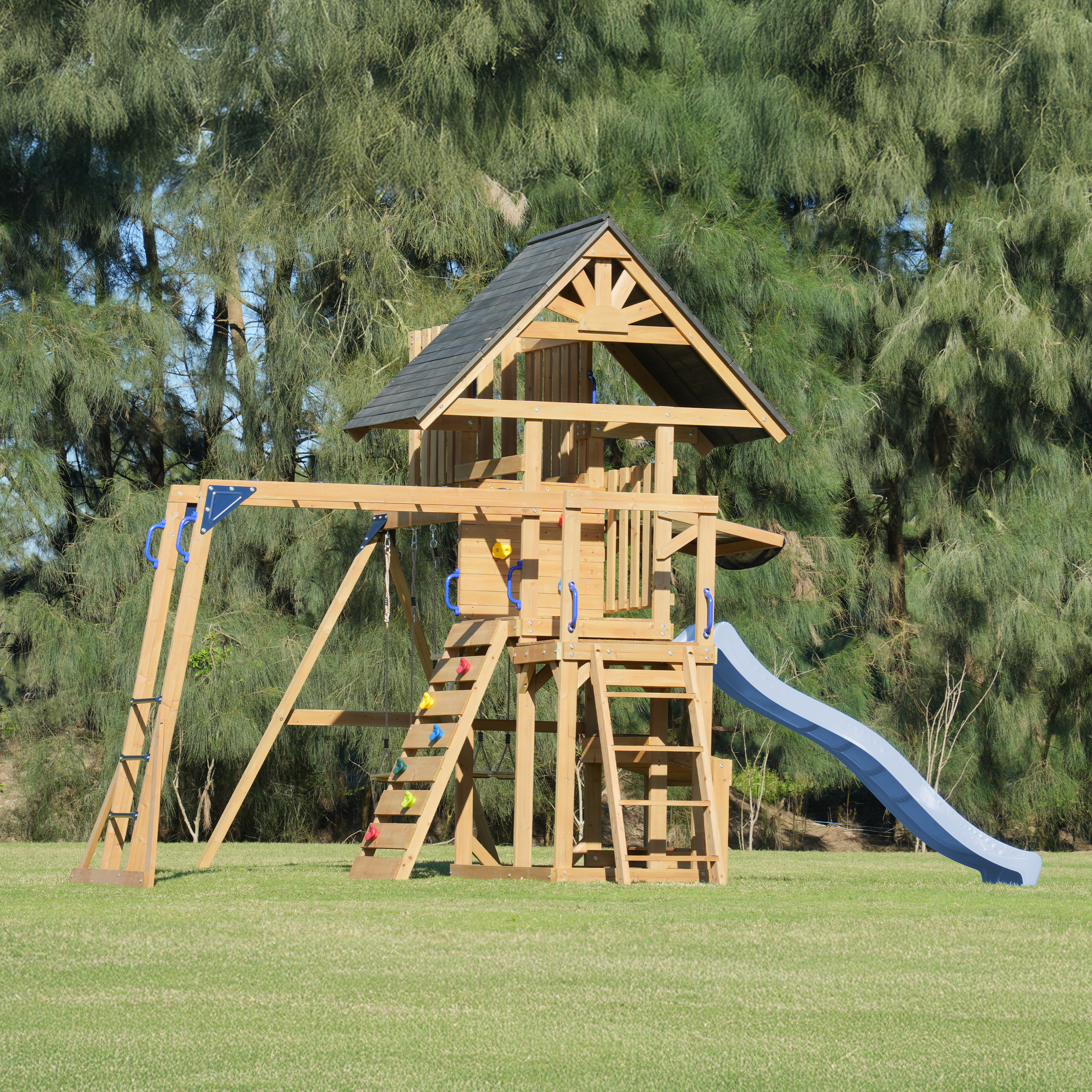 AXI Mitch Climbing Frame with Double Swing. Trapeze and Lookout Tower – Pastel Blue Slide