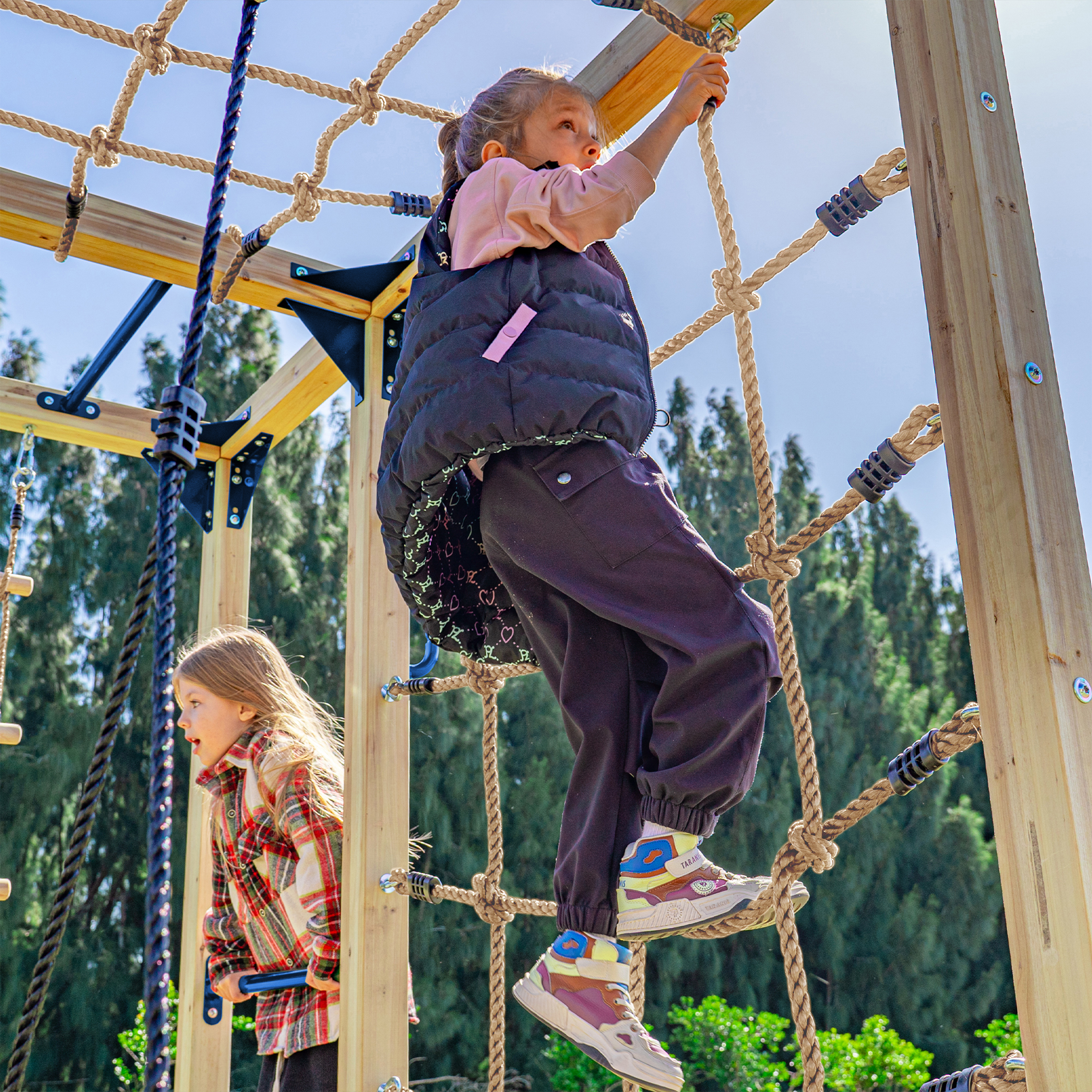 AXI Boris Wooden Playcentre with Swings. Trapeze. Climbing Nets and Monkey Bars – Red Slide