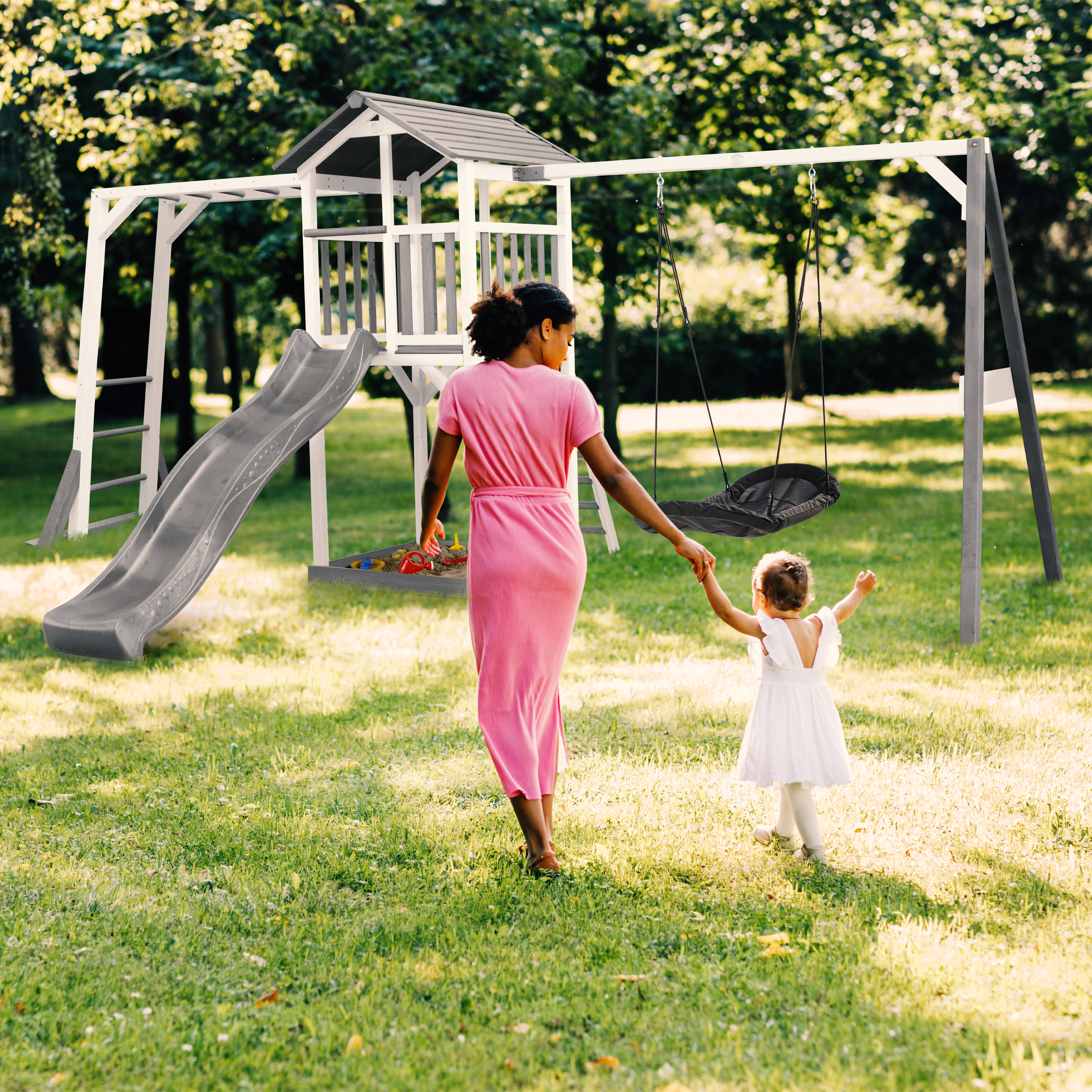 AXI Beach Tower with Climbing Frame and Roxy Nest Swing Set Grey/White - Grey Slide