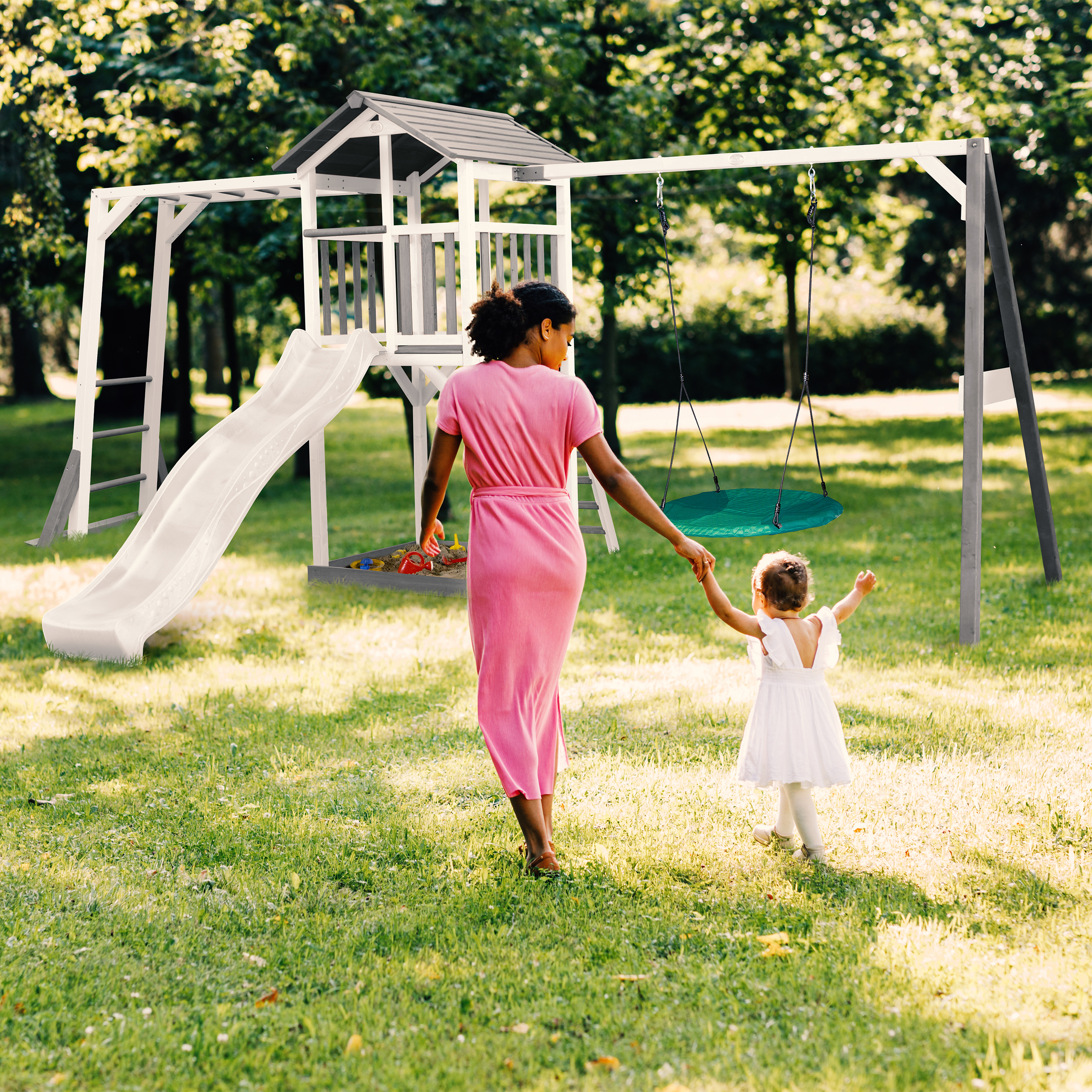 AXI Beach Tower with Climbing Frame and Summer Nest Swing Set Grey/White - White Slide