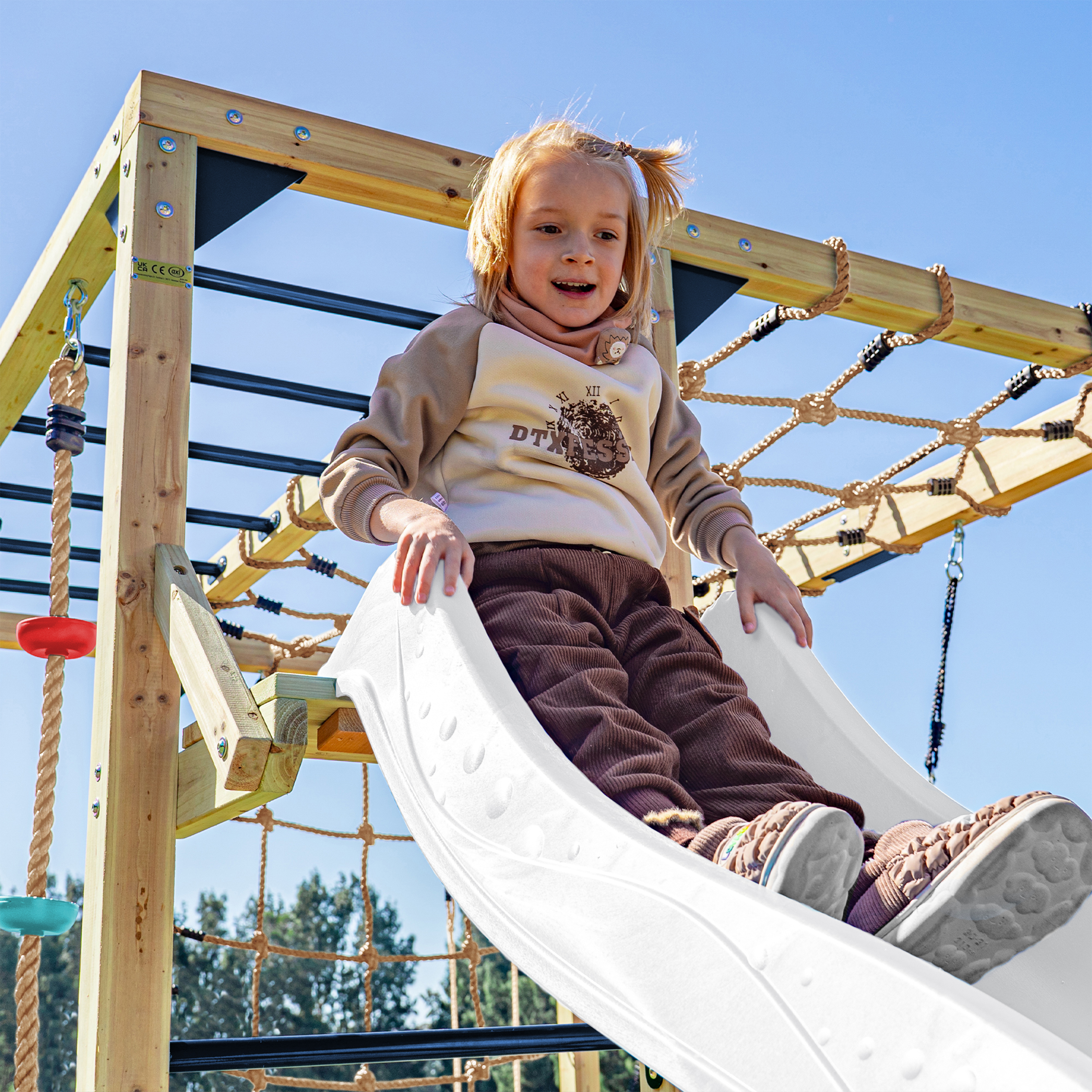 AXI Boris Wooden Playcentre with Swings. Trapeze. Climbing Nets and Monkey Bars – White Slide