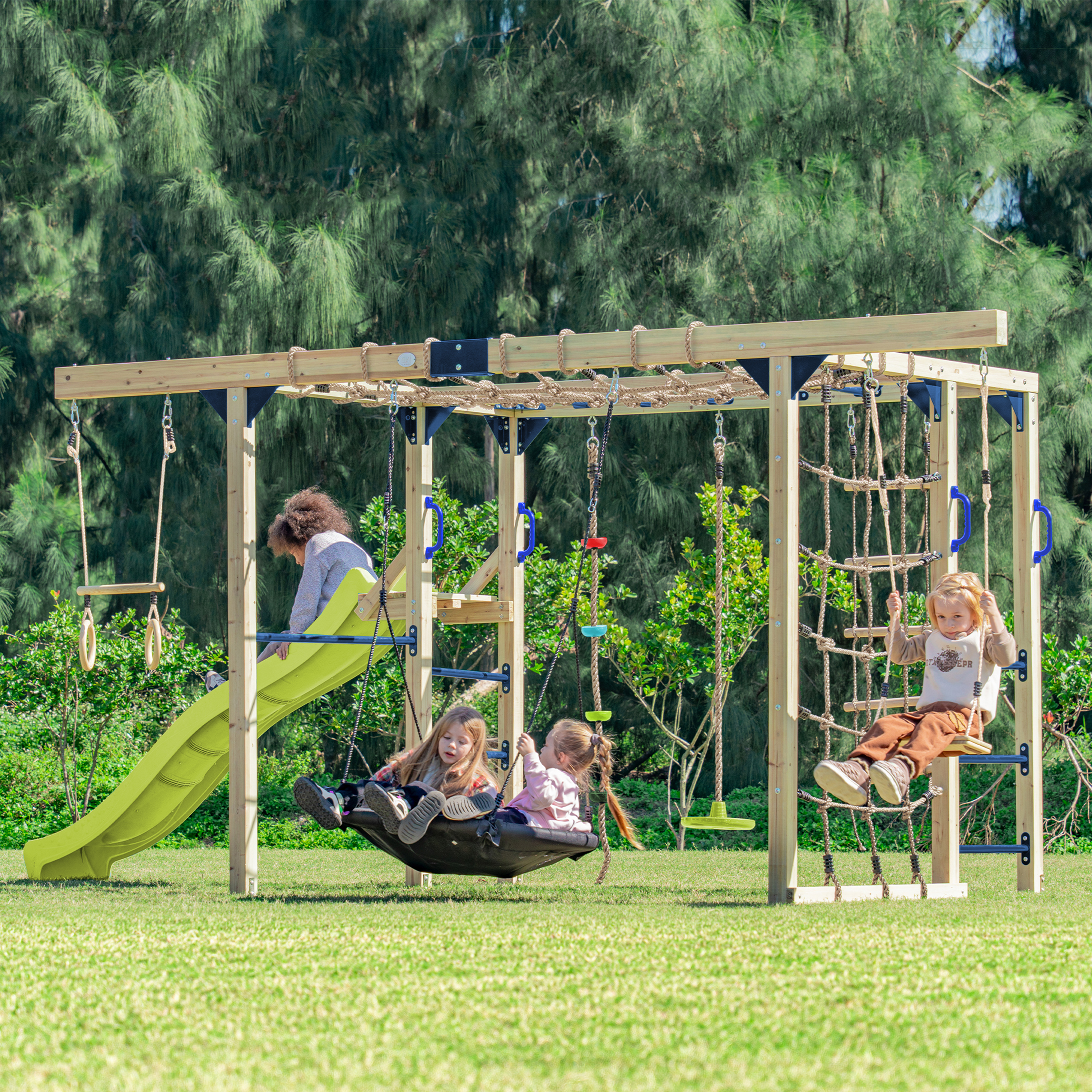AXI Boris Wooden Playcentre with Swings, Trapeze, Climbing Nets and Monkey Bars – Lime Green Slide
