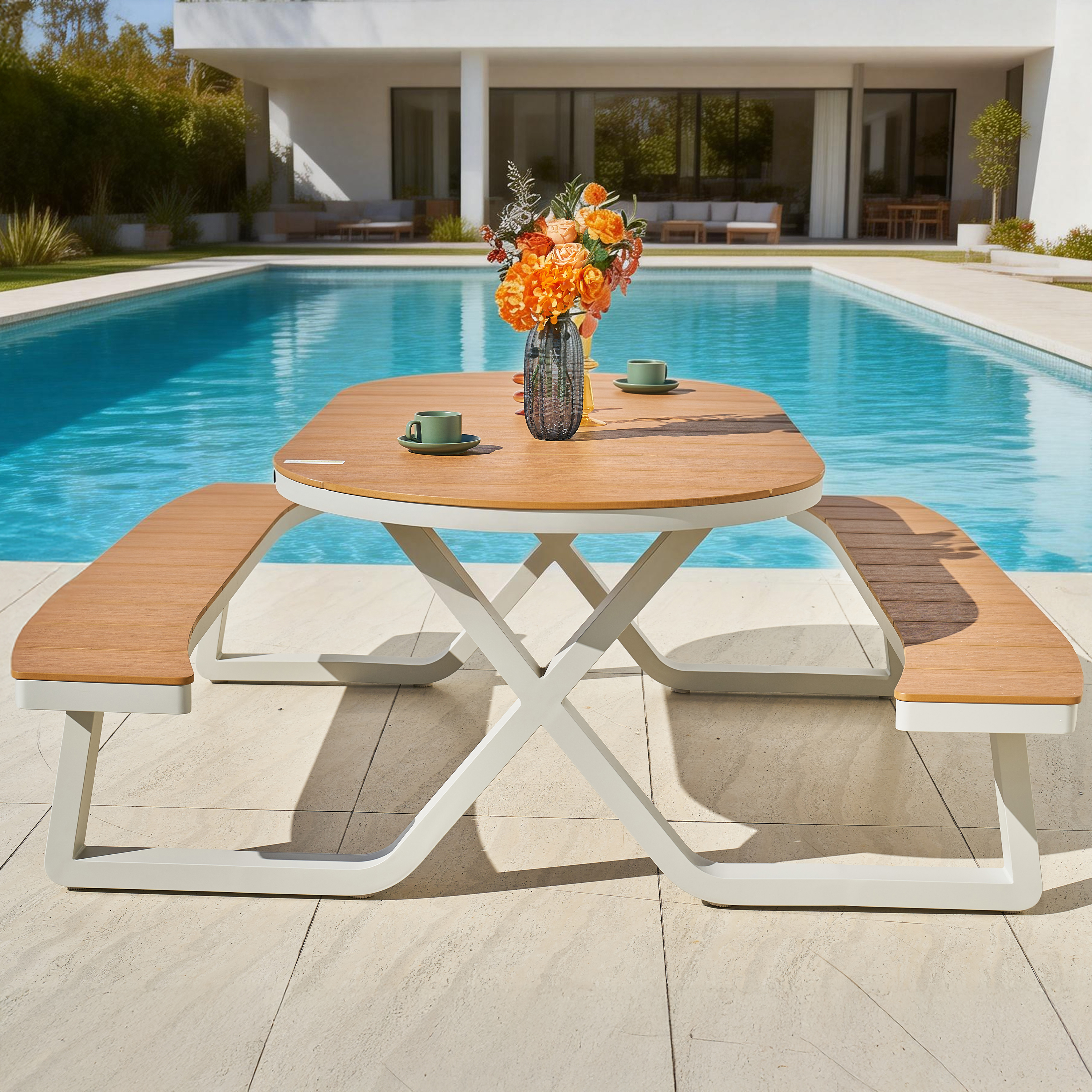 AXI Jax Picnic Table with 2 benches Oval – Sandy Beige/Teak-look Polywood