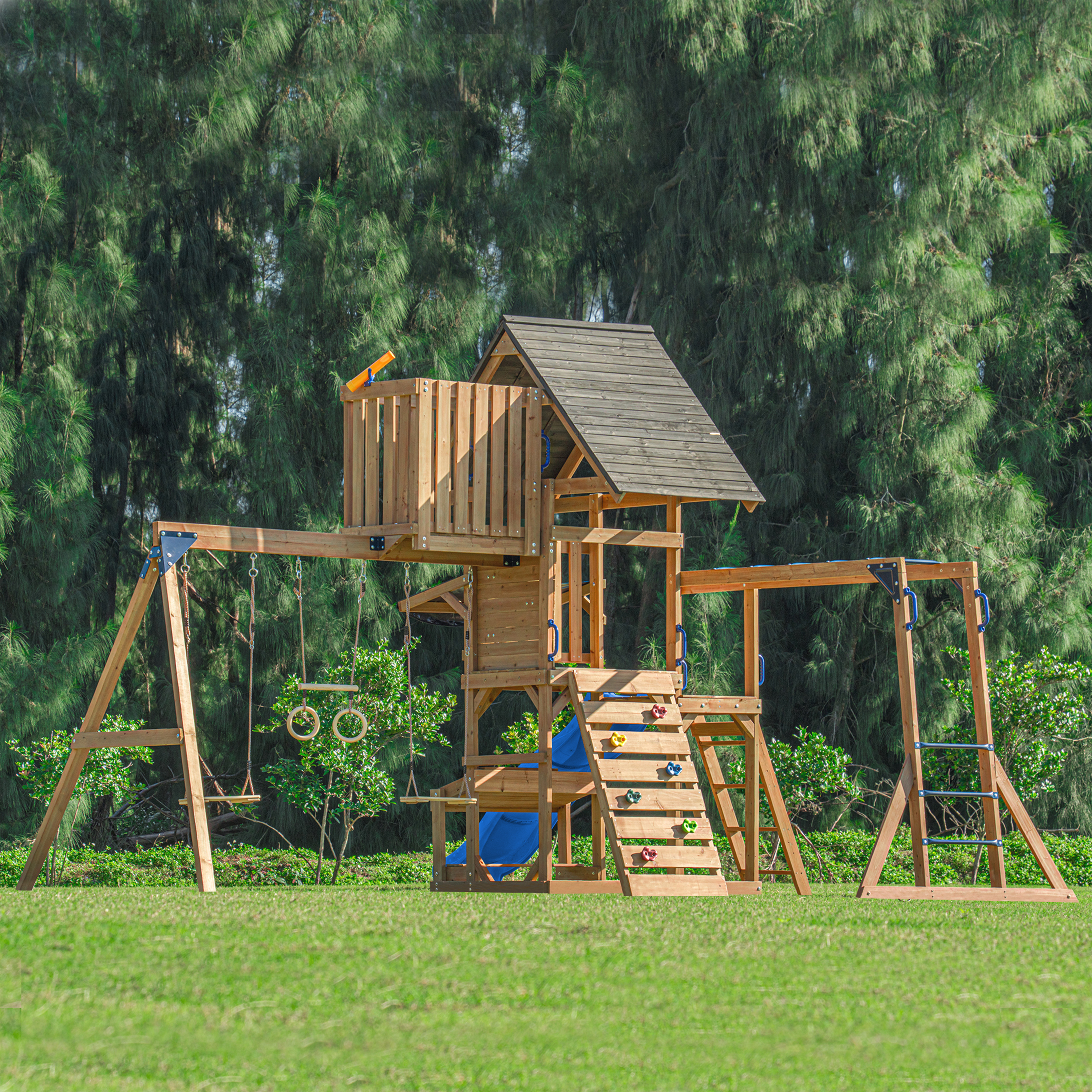 AXI Mitch Climbing Frame with Double Swing. Trapeze and Lookout Tower – Blue Slide