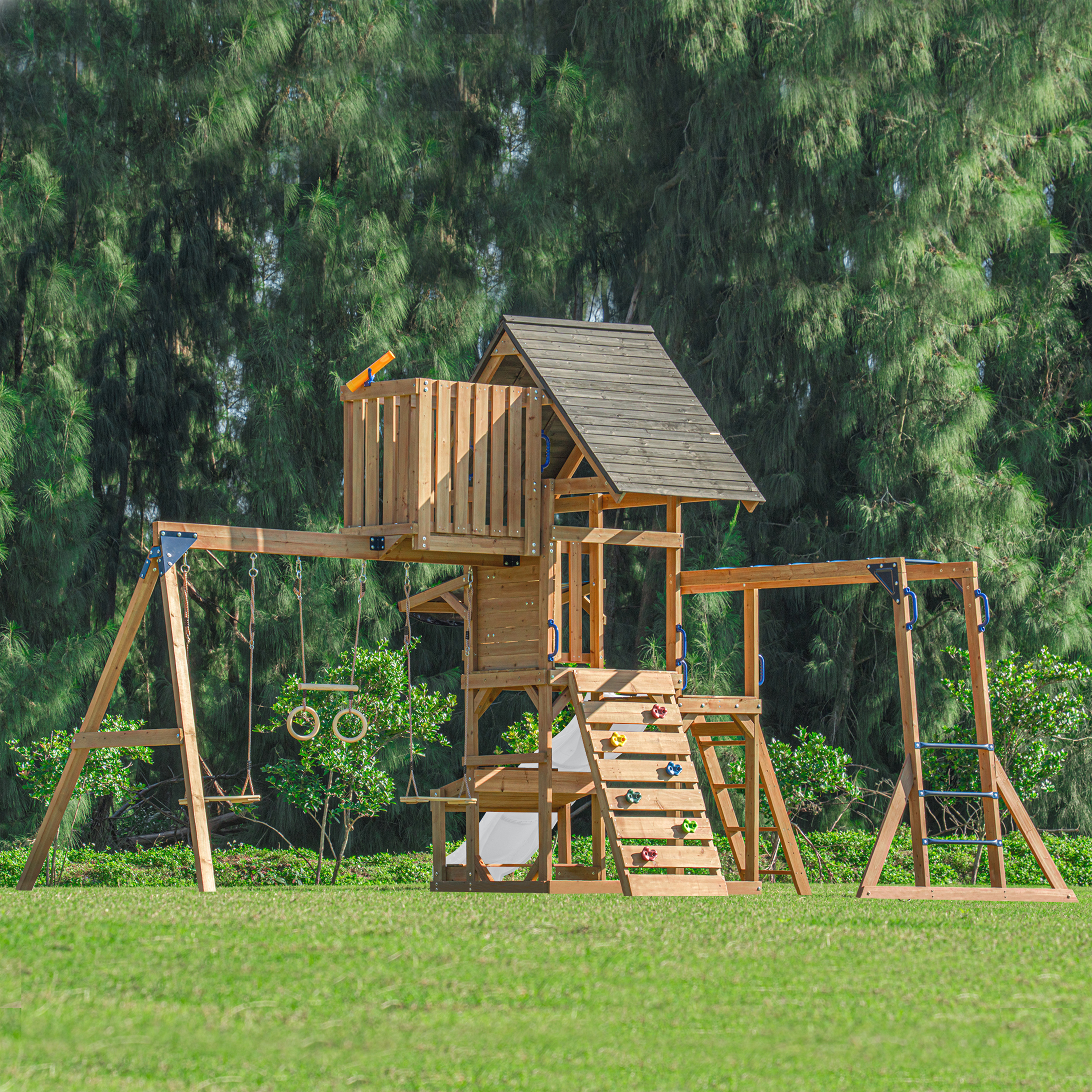 AXI Mitch Climbing Frame with Double Swing, Trapeze and Lookout Tower – White Slide