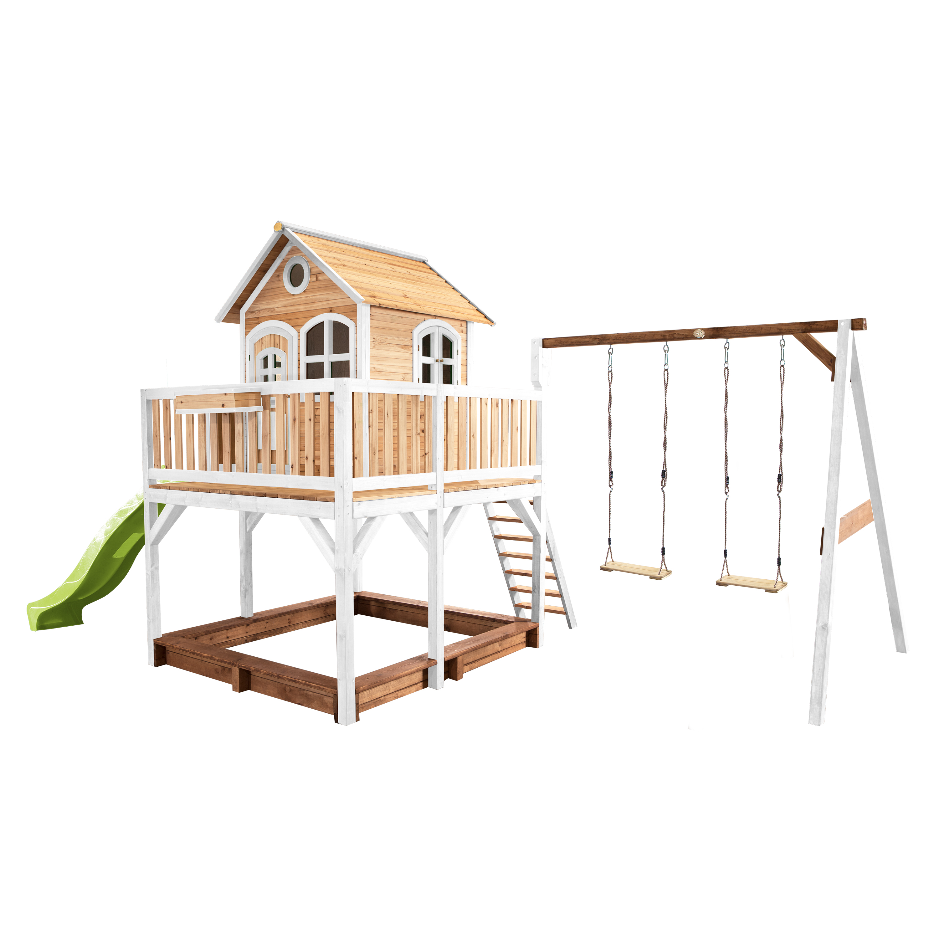 AXI Liam Playhouse with Double Swing Set Brown/White - Lime Green Slide-8717973933502 AXI Liam Playhouse with Double Swing Set Brown/White - Lime Green Slide