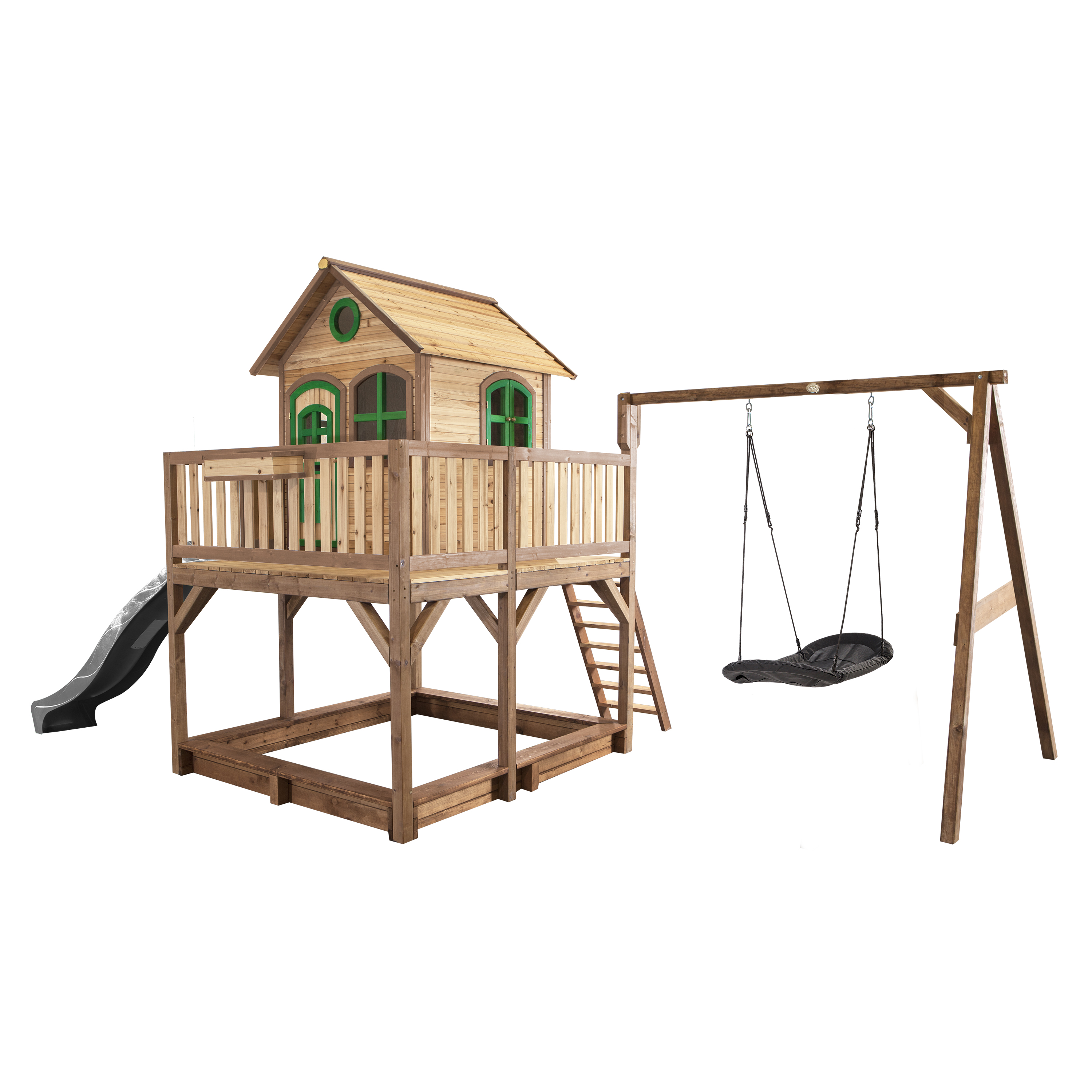 AXI Liam Playhouse with Roxy Nest Swing Set Brown/Green - Grey Slide-8717973937692 AXI Liam Playhouse with Roxy Nest Swing Set Brown/Green - Grey Slide