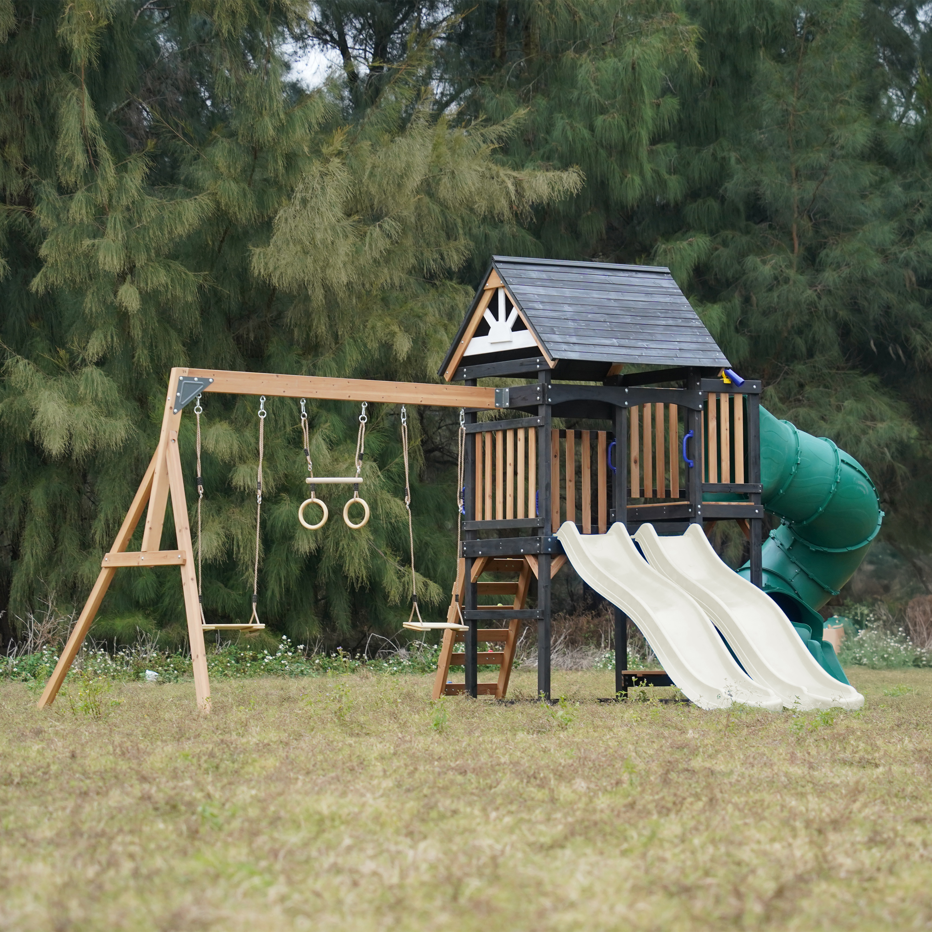 AXI Cody Climbing Frame with Swings, Trapeze and Climbing Wall – Cream Double Slide and Tube Slide