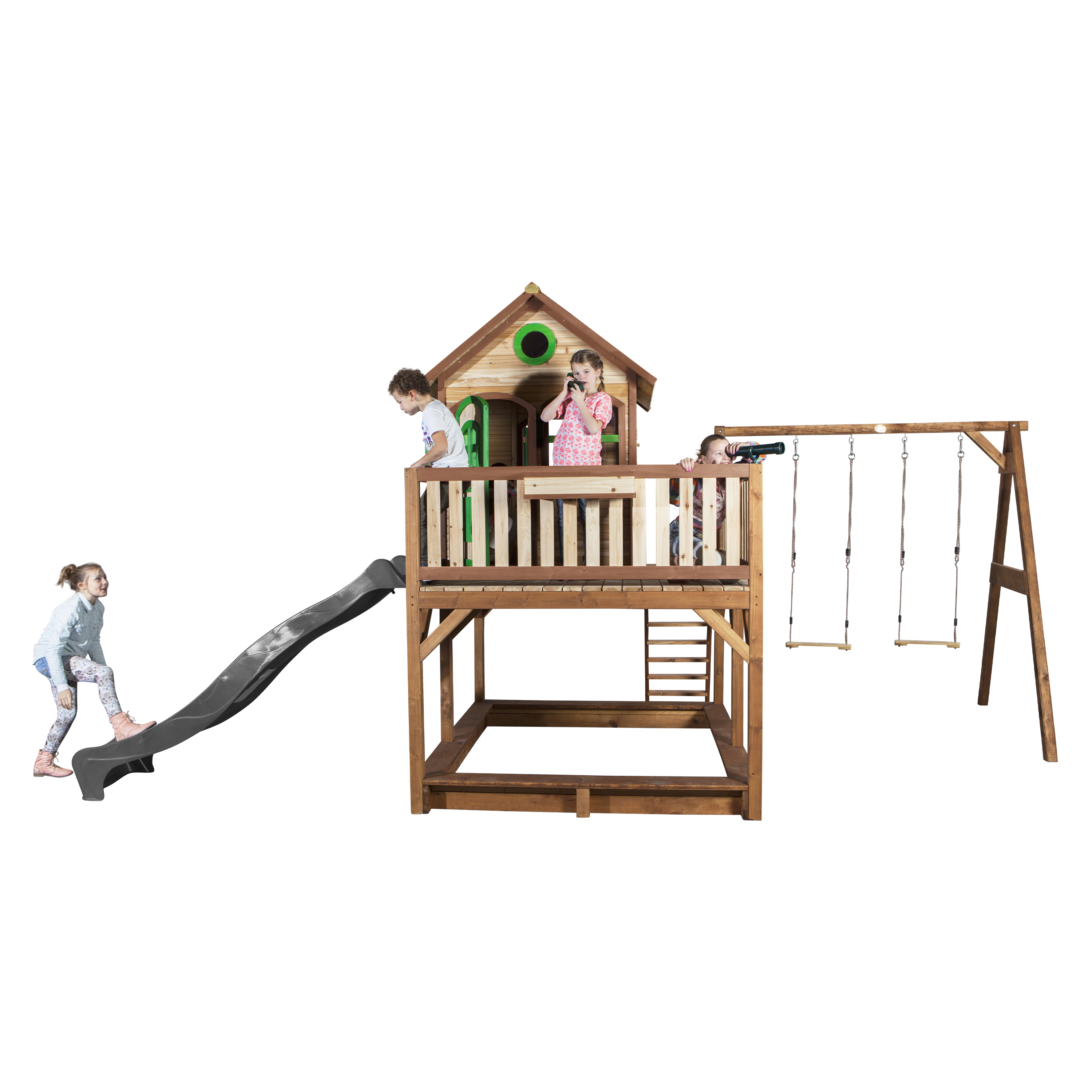 AXI Liam Playhouse with Double Swing Set Brown/Green - Grey Slide